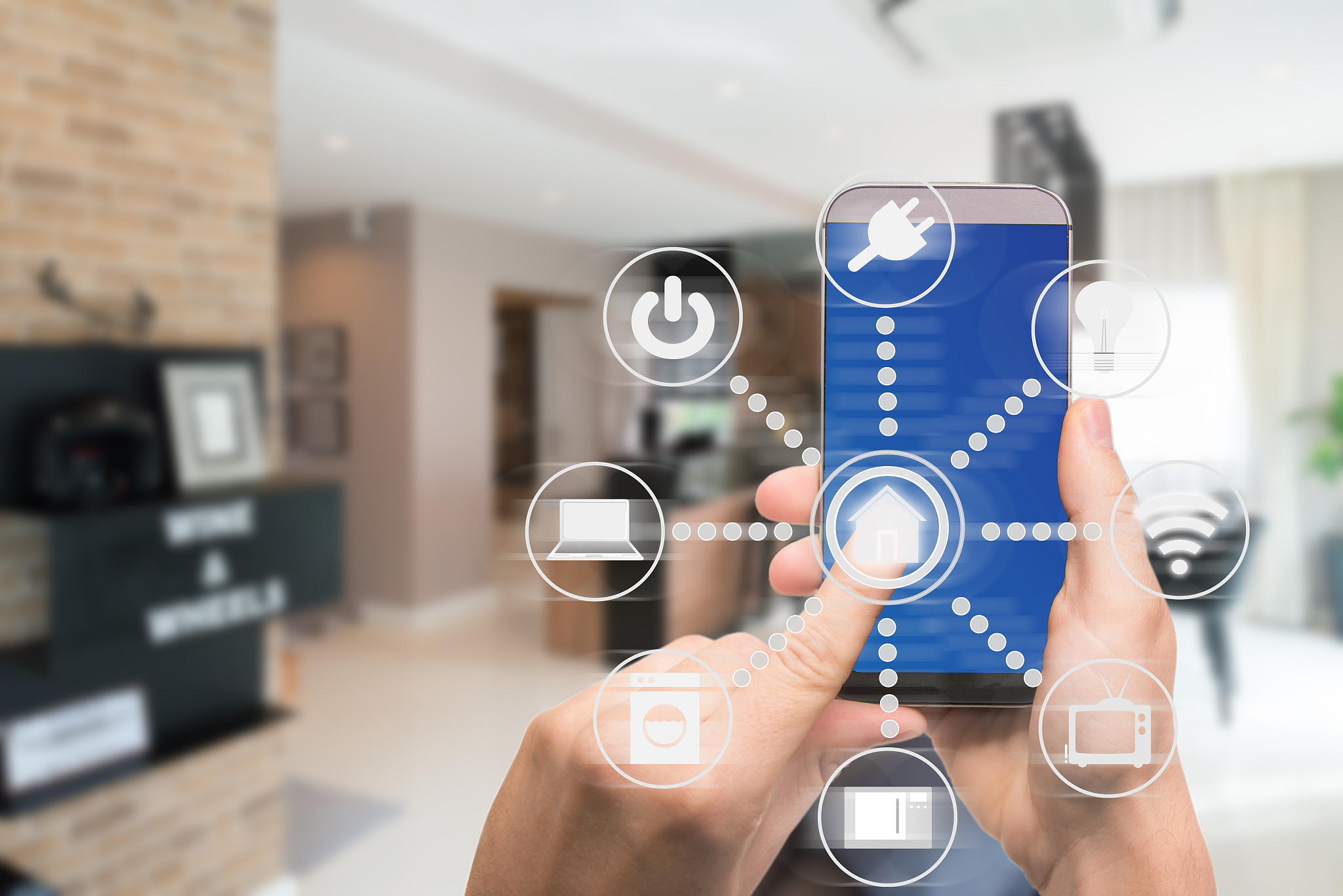 smart home automation app on mobile with home interior in backgr