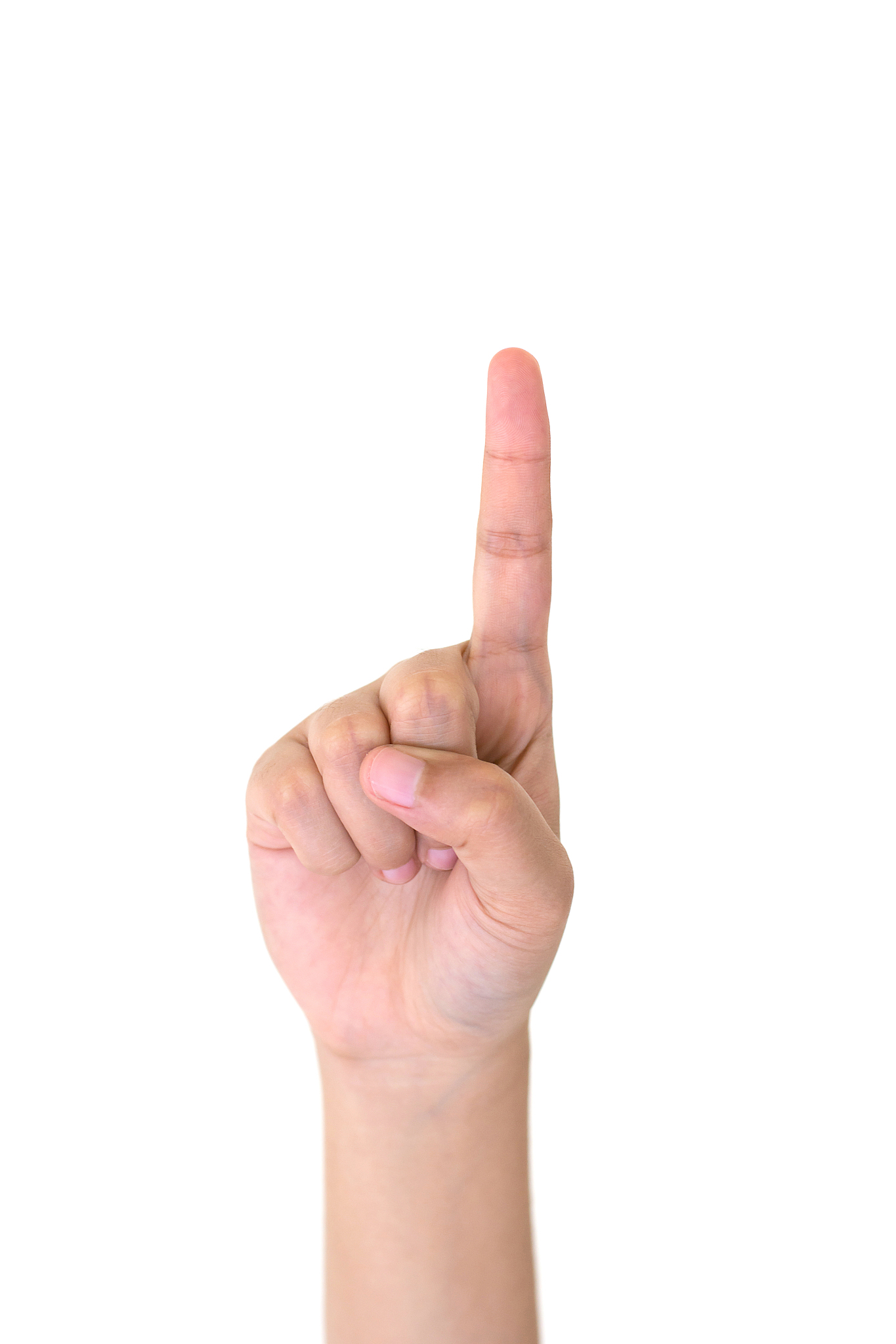 woman right hand showing the one fingers isolated.
