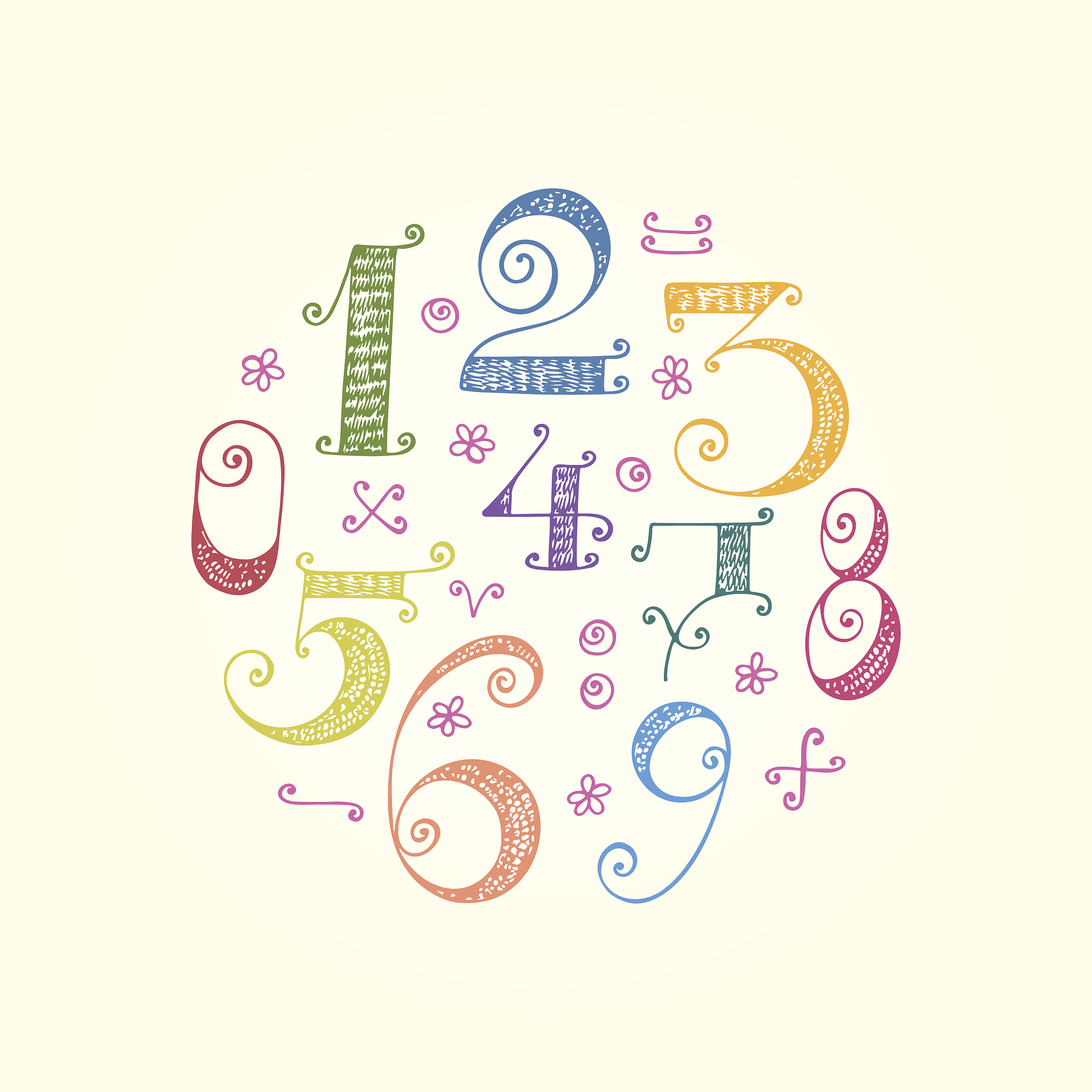 numbers hand drawn doodle set. mathematical signs
