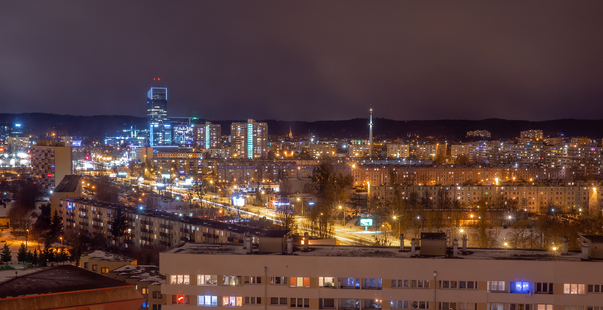 night view of residential  building area  in poland, gdansk.