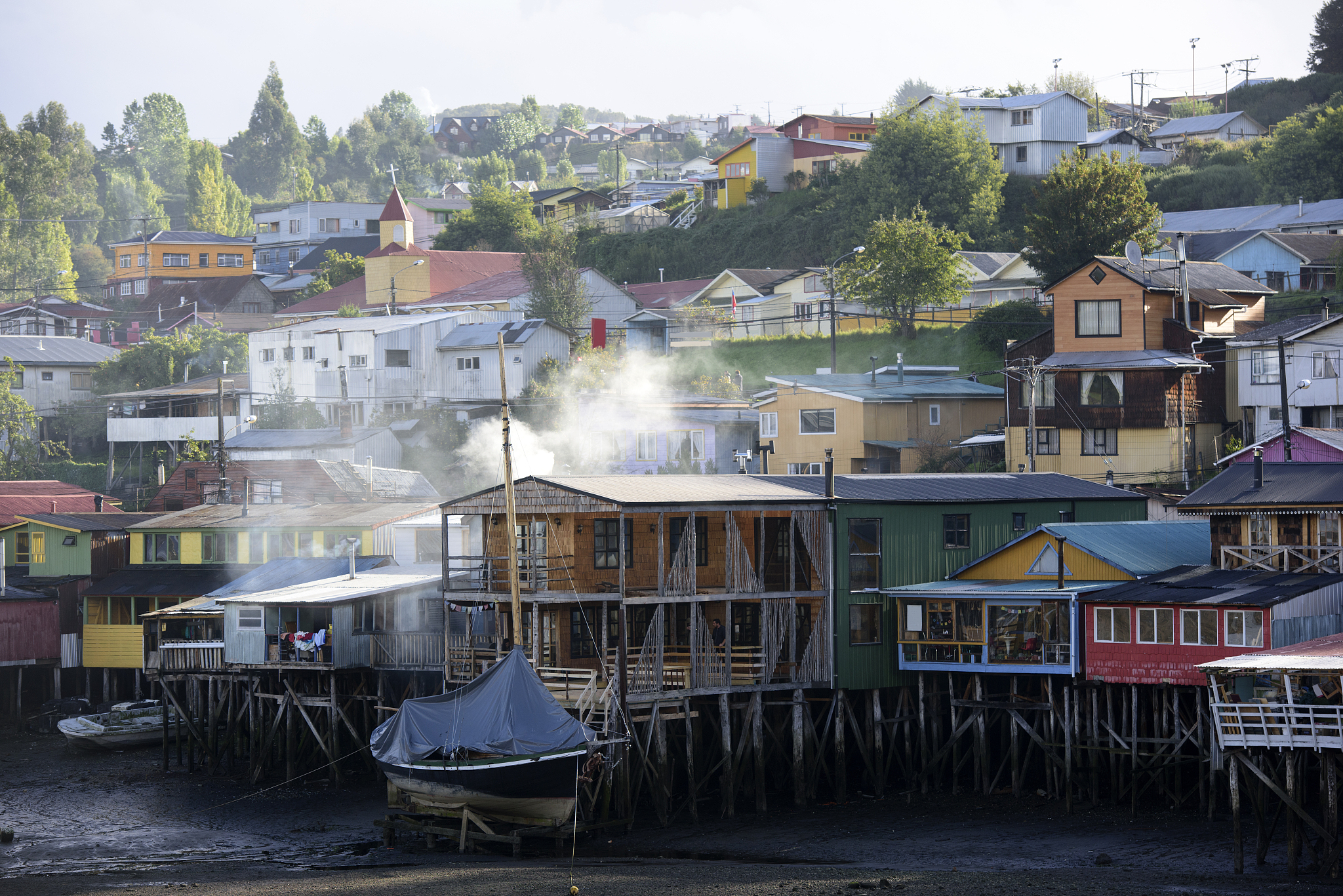 colourful palafitos in castro, chiloé island, chile