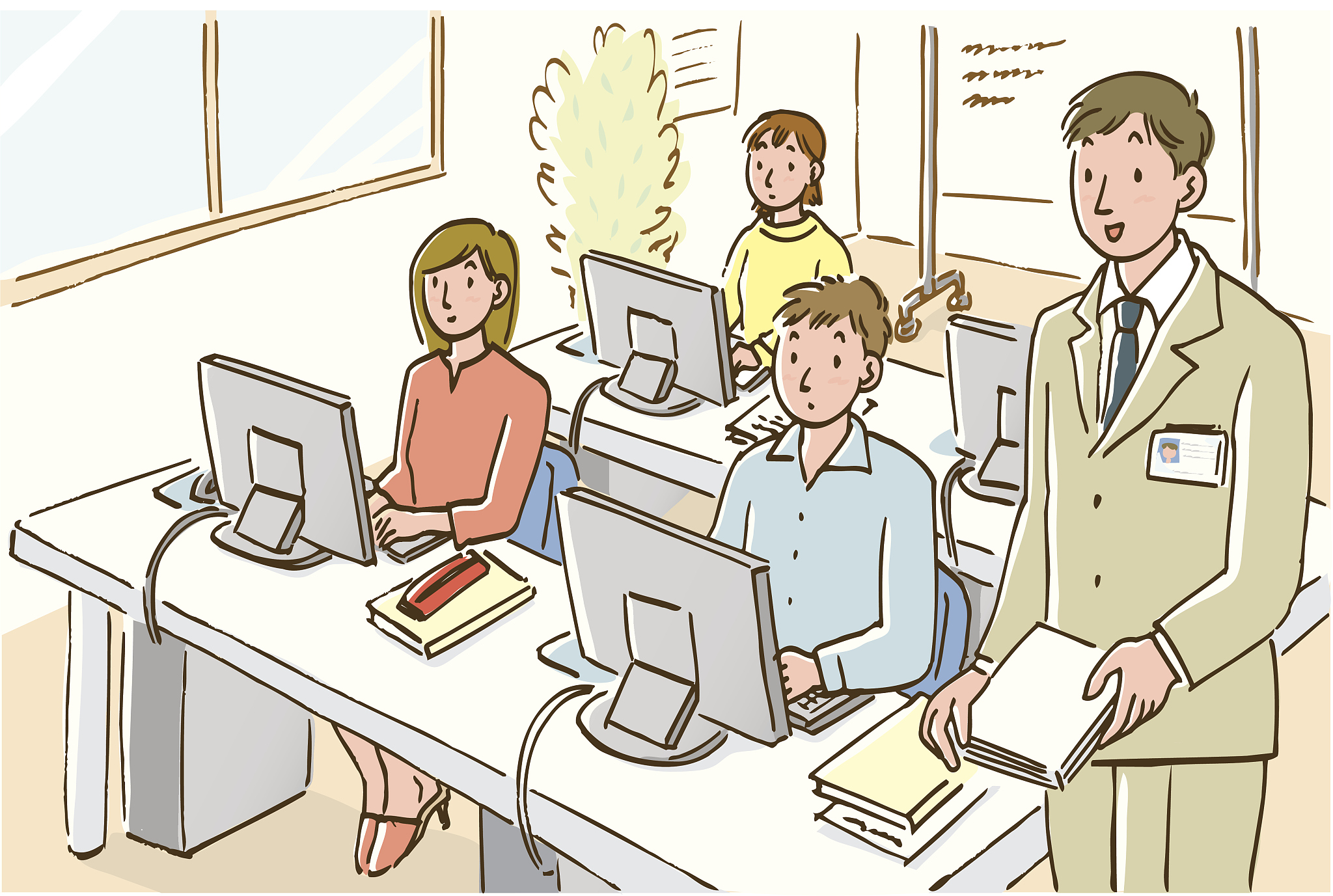 teacher and students in computer class, high angle view
