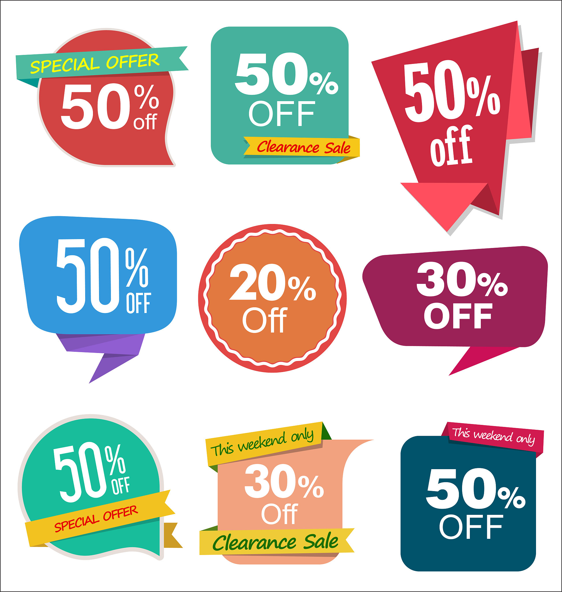 collection of colorful sale stickers and tags