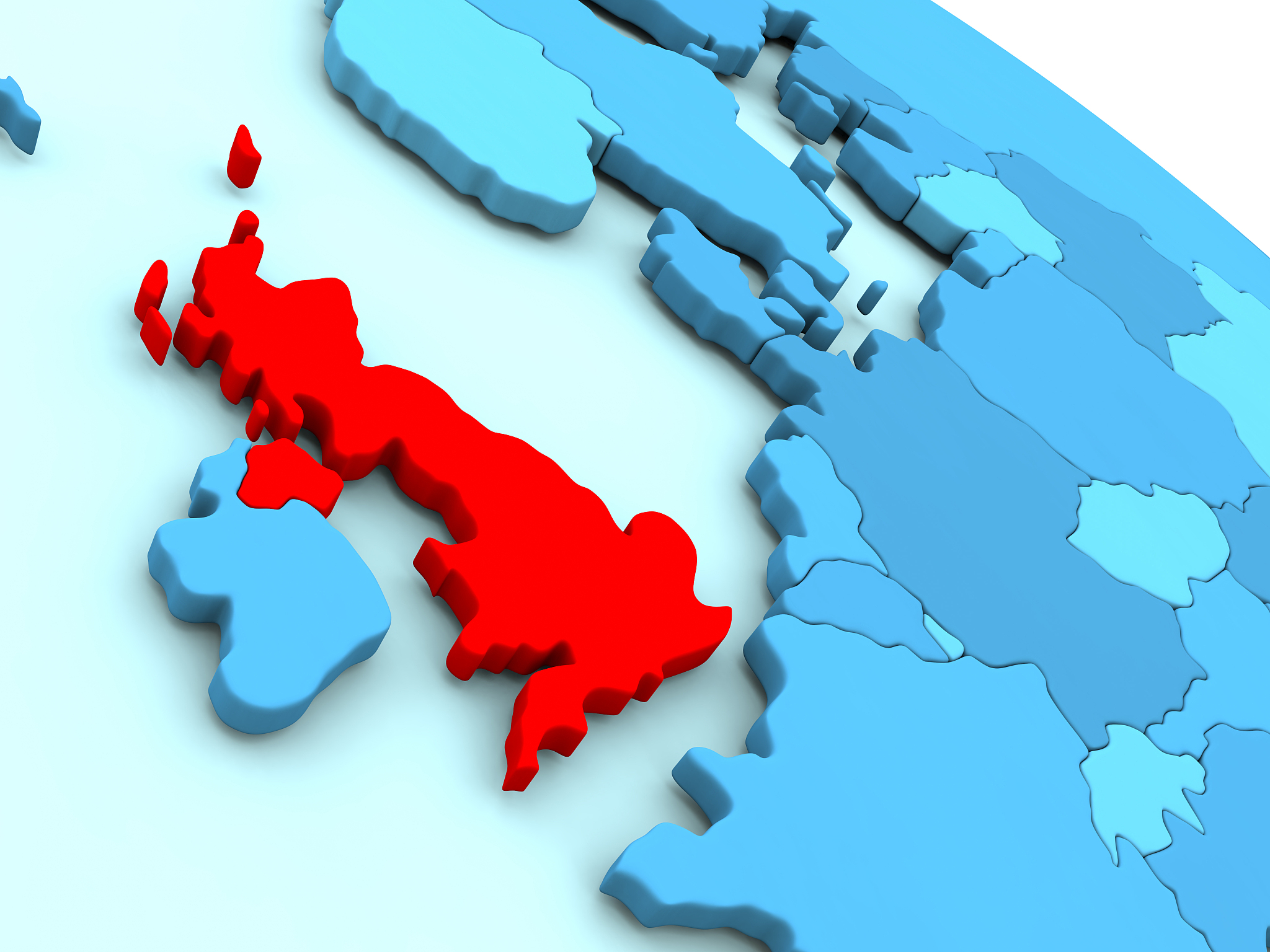 united kingdom in red on blue globe