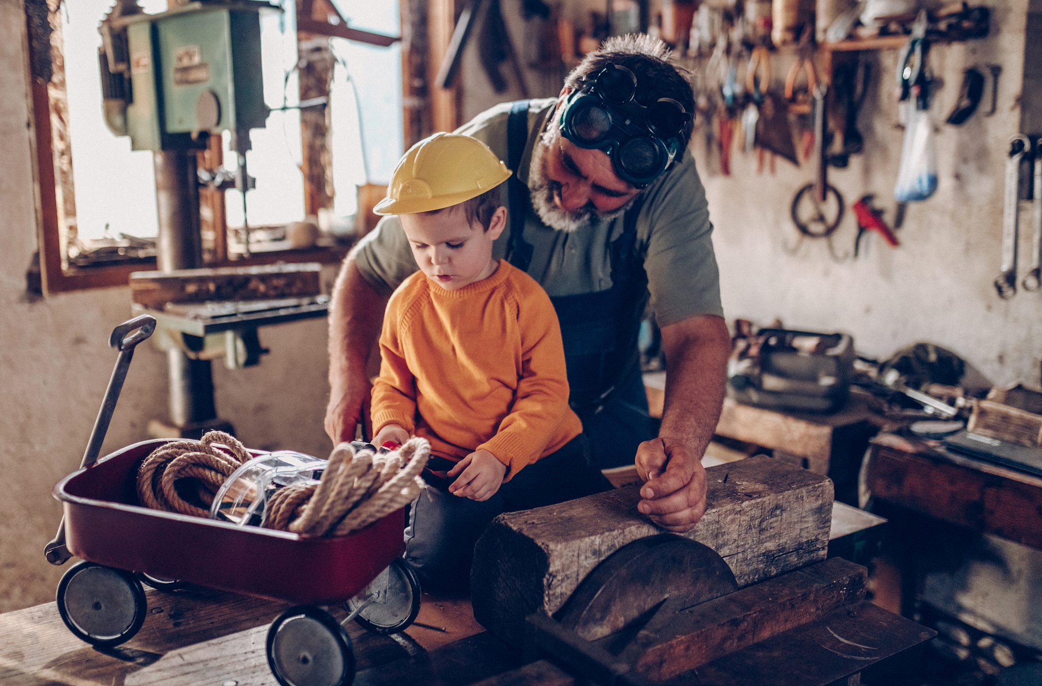 grand parent and grand son in garage