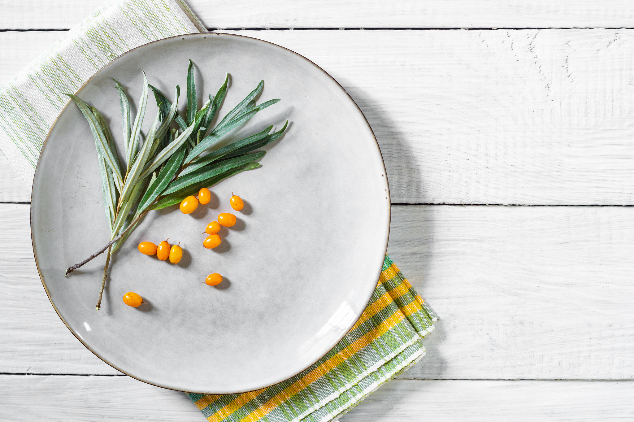 green branch and fresh sea buckthorn berries on a plate on a whi