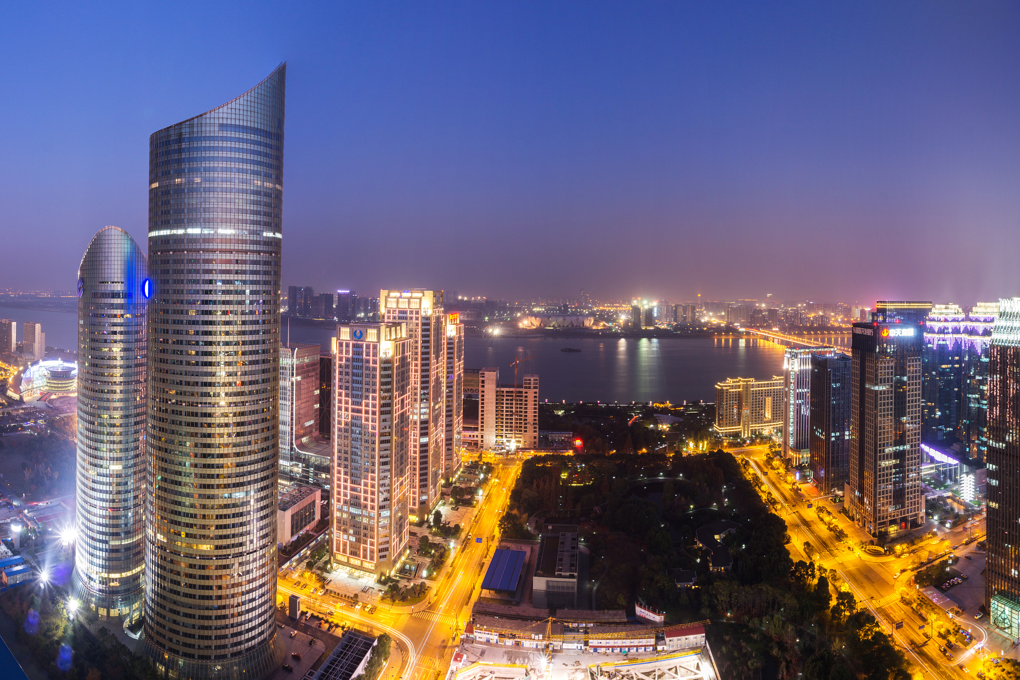 urban cityscape, skyscraper at night