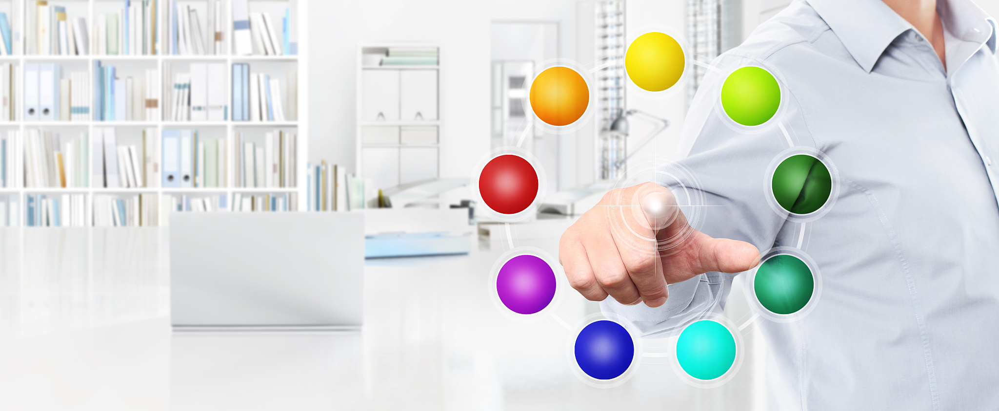 office business work concept, hand touch screen empty colors ico
