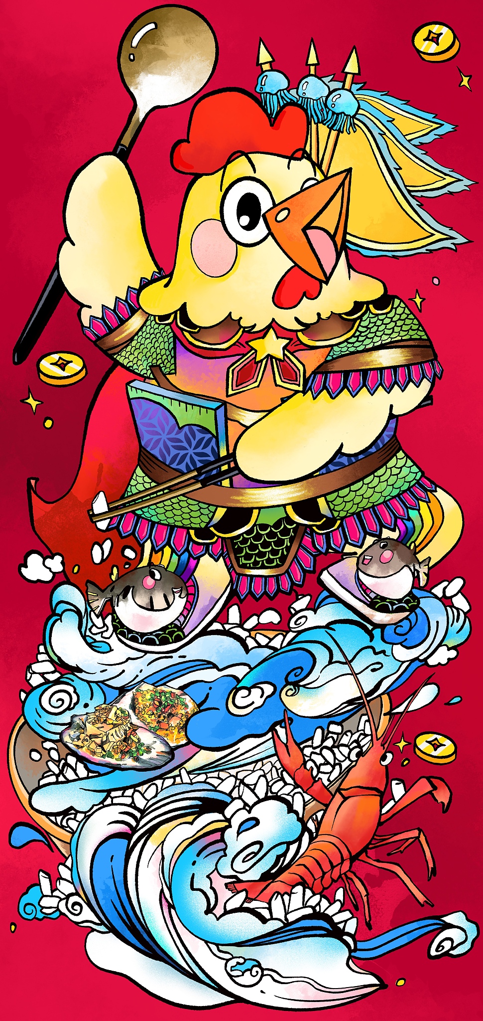 餐饮业门神 吉祥物年画 欢迎光临鸡鸭 长 红色背景有金币