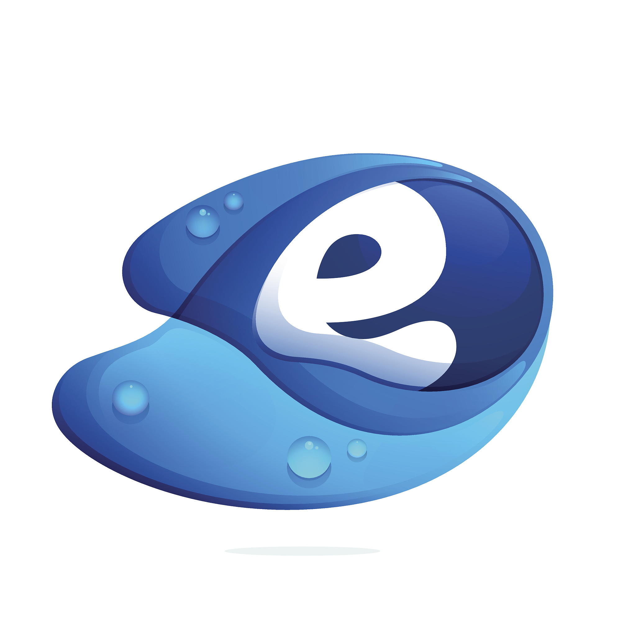 e letter icon with blue water drops.