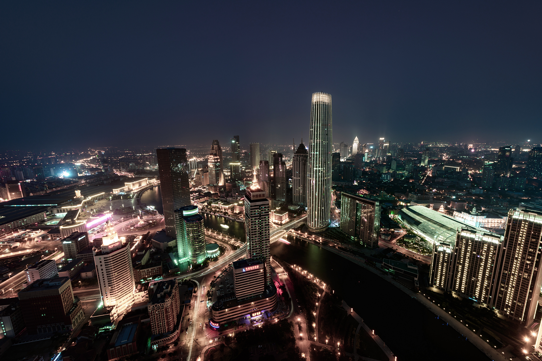 aerial view of tianjin skyline at night