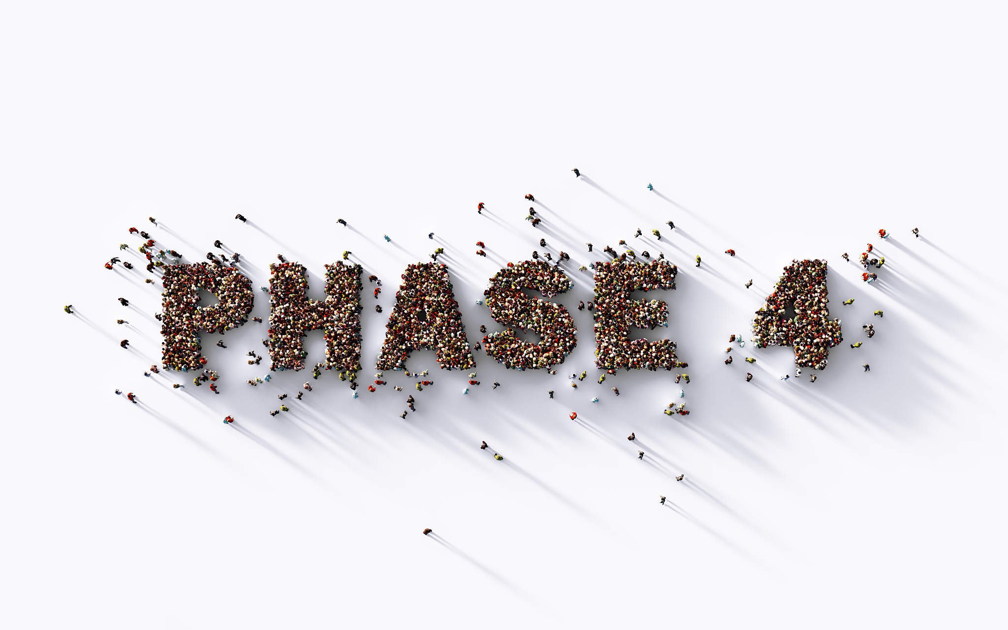 human crowd writing phase four text on white background