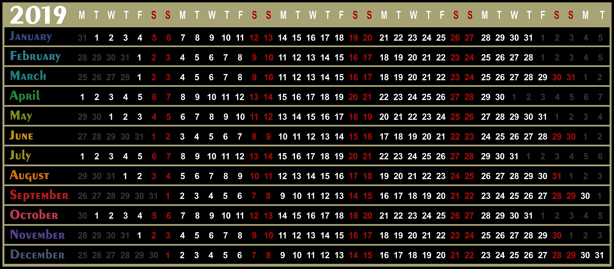 calendar for 2019.