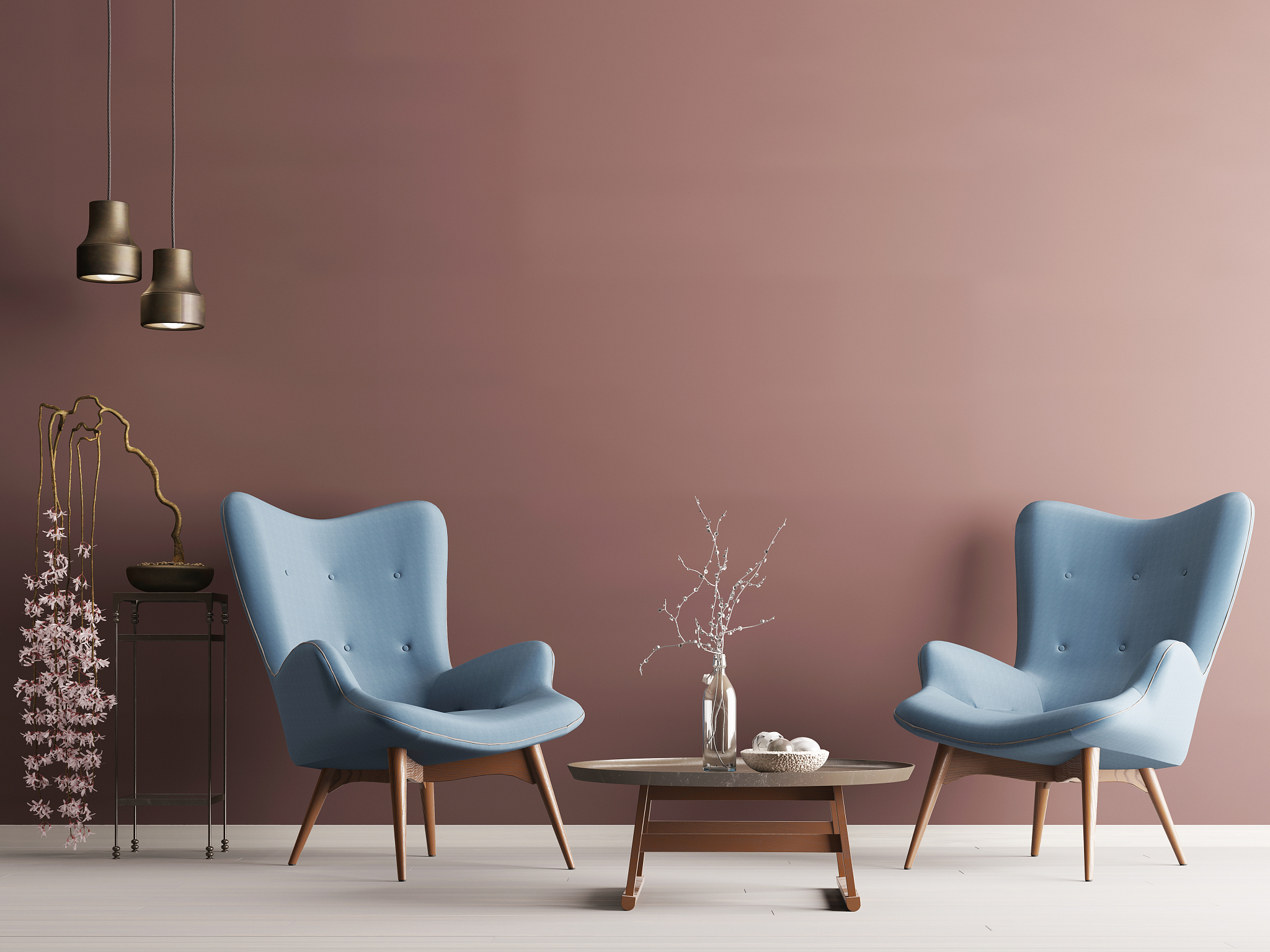 empty wall in pastel modern interior with burgundy wall, soft ar