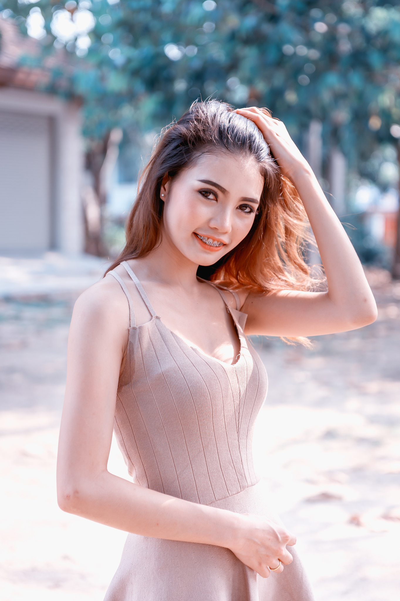 asia beautiful woman standing in park