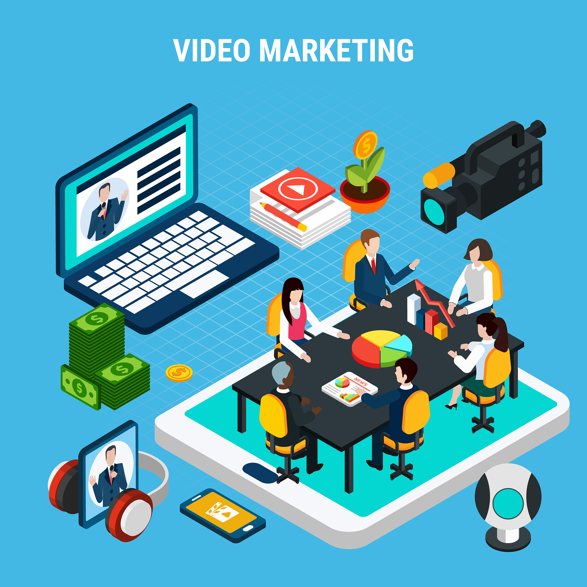 video marketing isometric composition