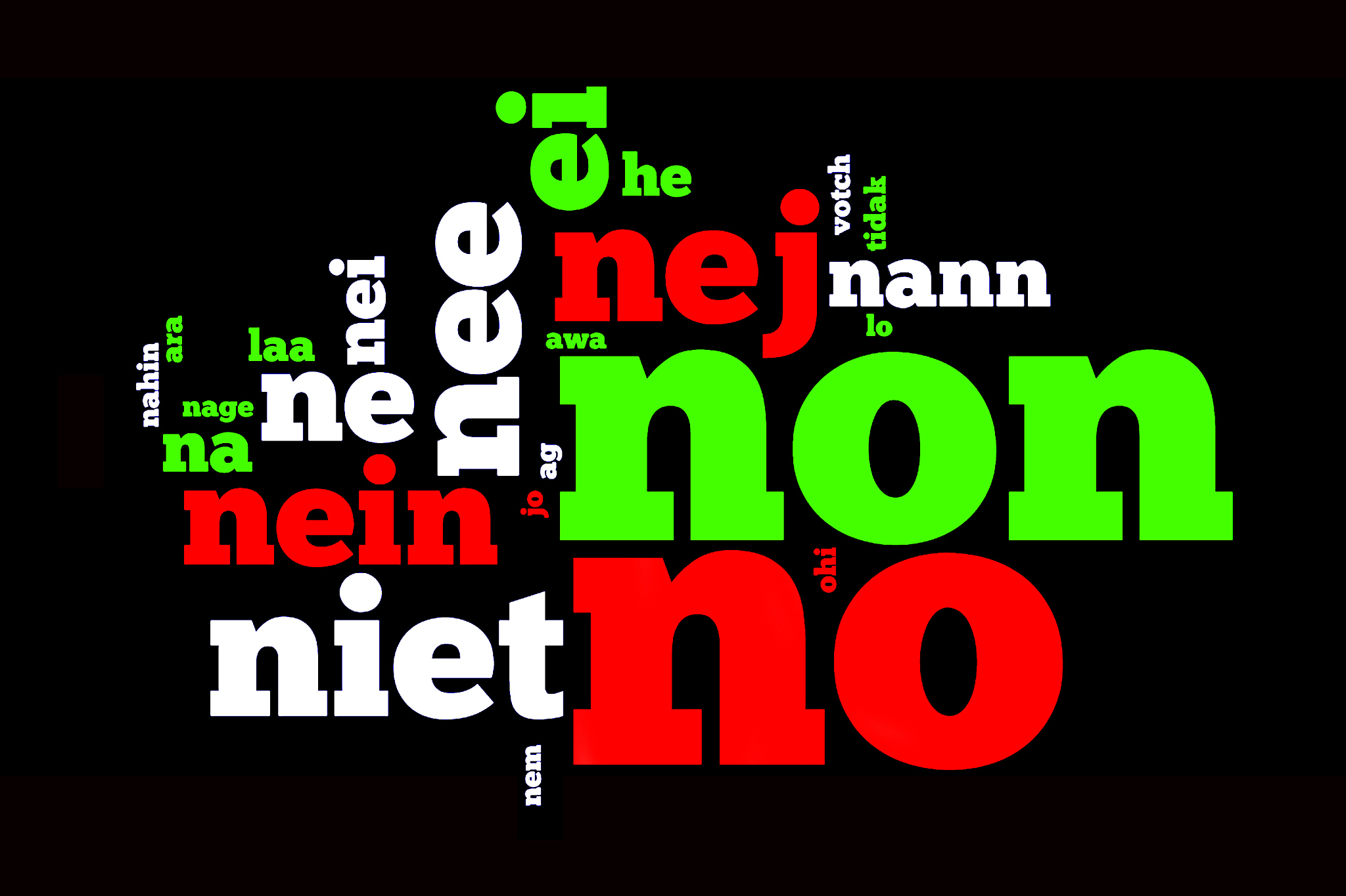 word no, translated in many languages, on black background