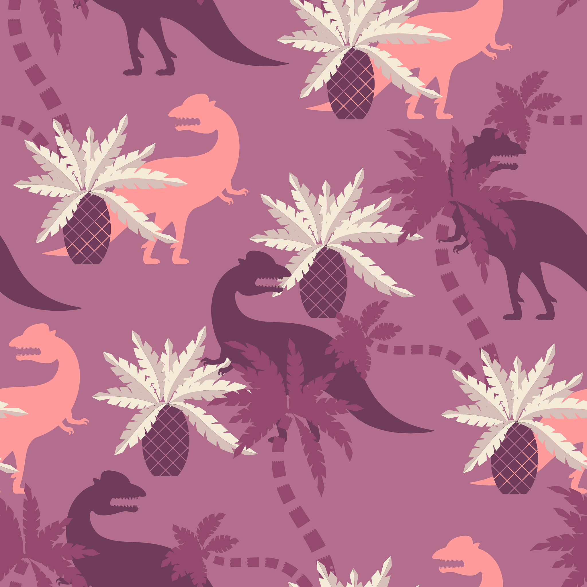 dinosaurs in prehistoric forest on plum background. seamless pat