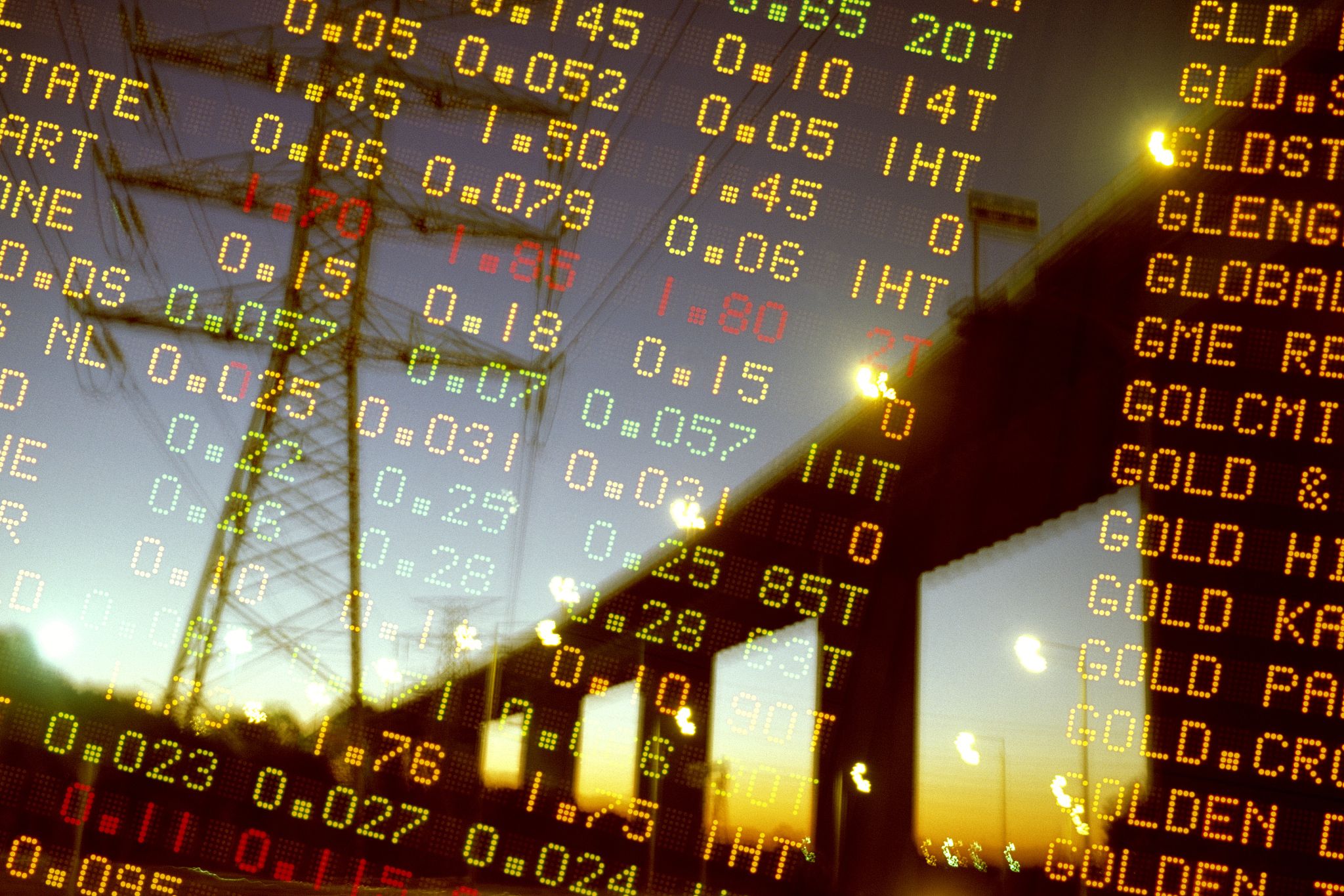 suspension bridge and financial data, dusk (digital composite)