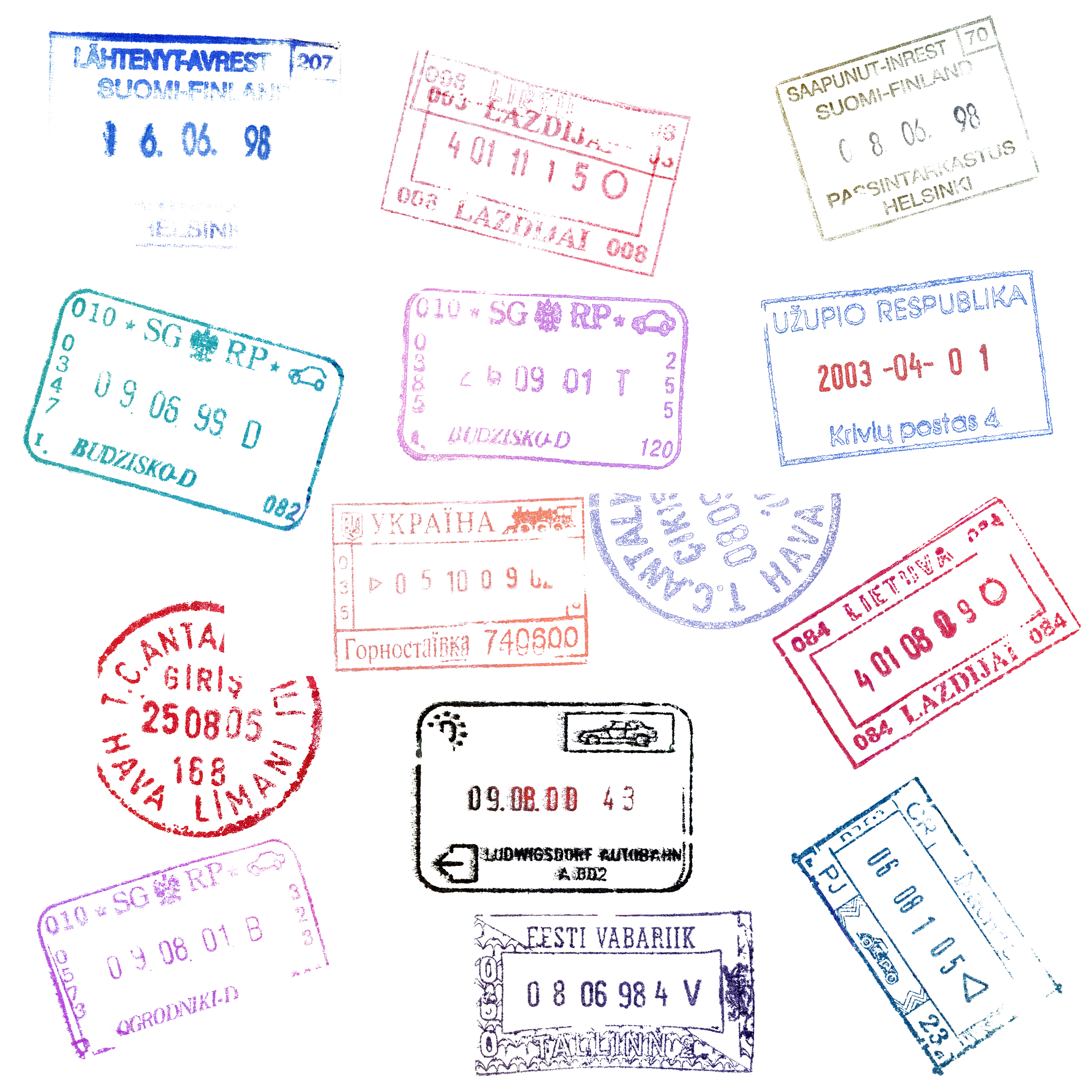 colorful passport stamps background.