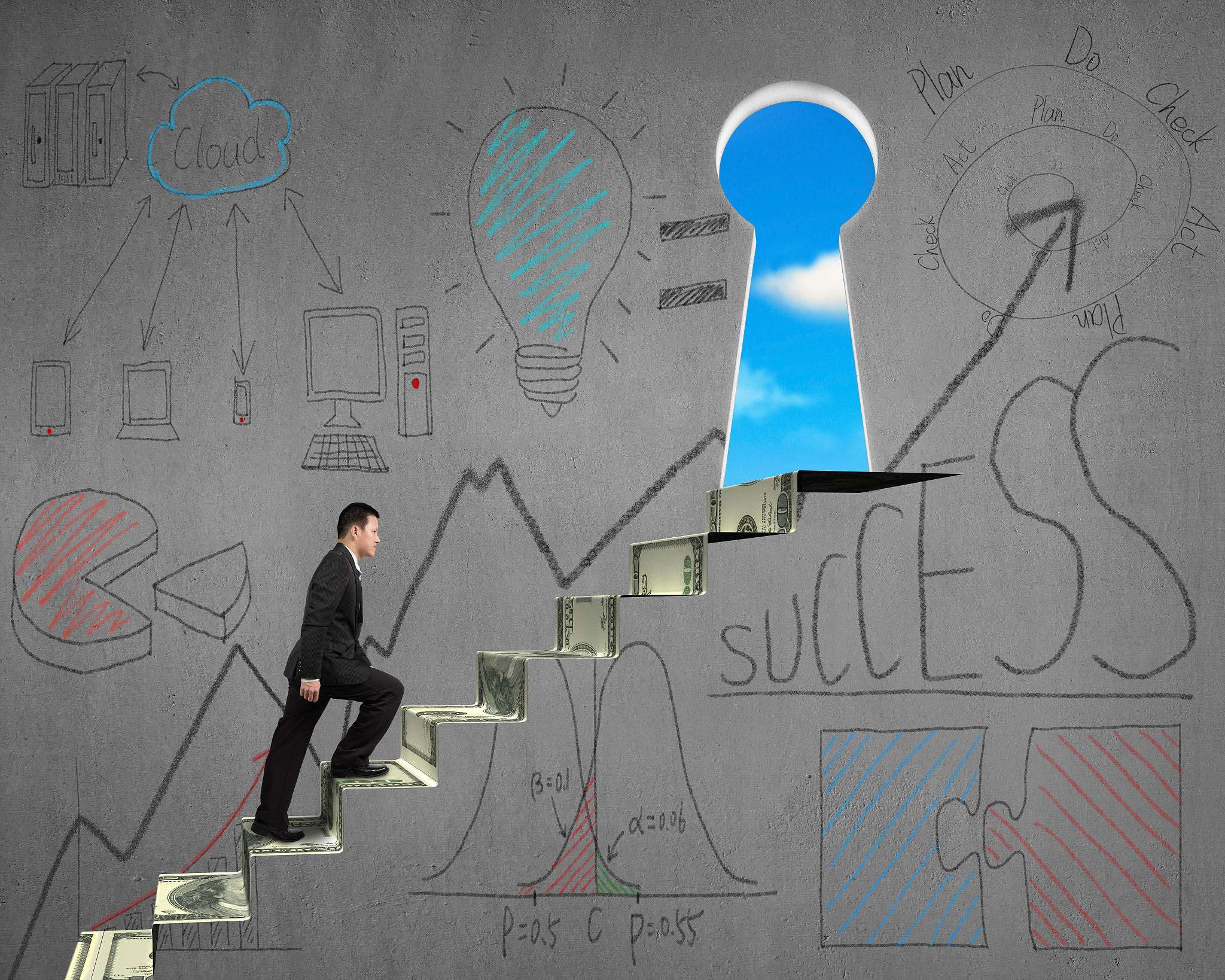 climbing to key shape door with business doodles on wall