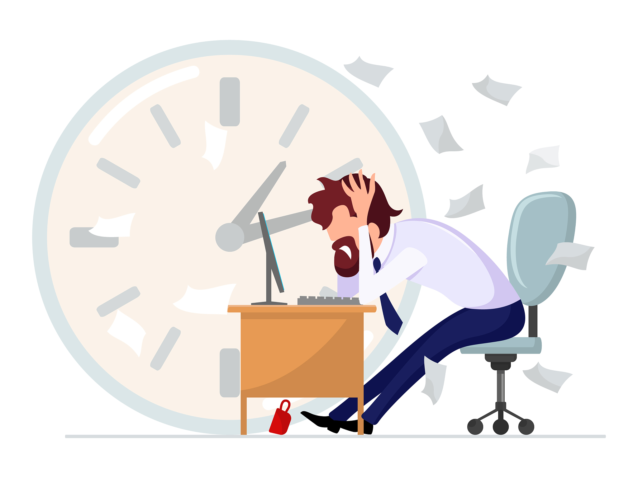 businessman sitting at computer desk and clutching