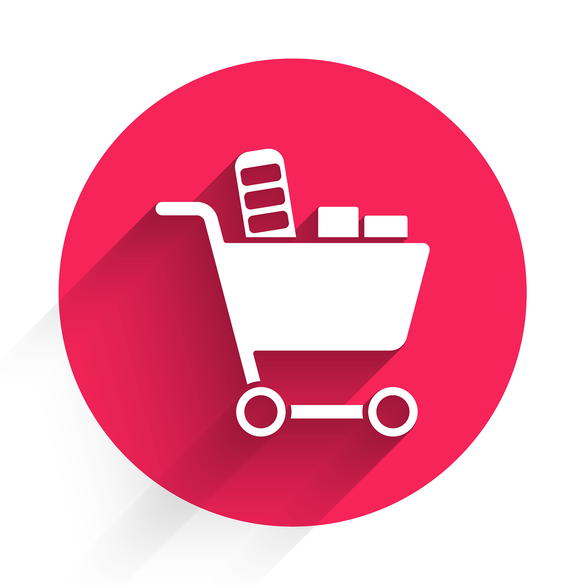 white shopping cart and food icon isolated with long shadow. foo