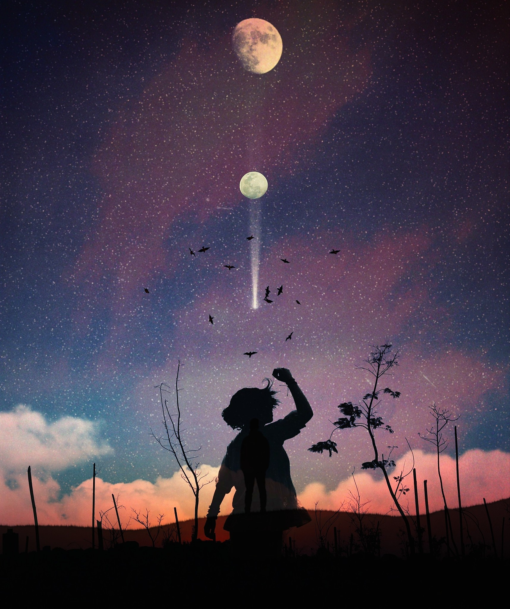 夕阳西下，孩子们放学归家，星空闪烁，美好画面