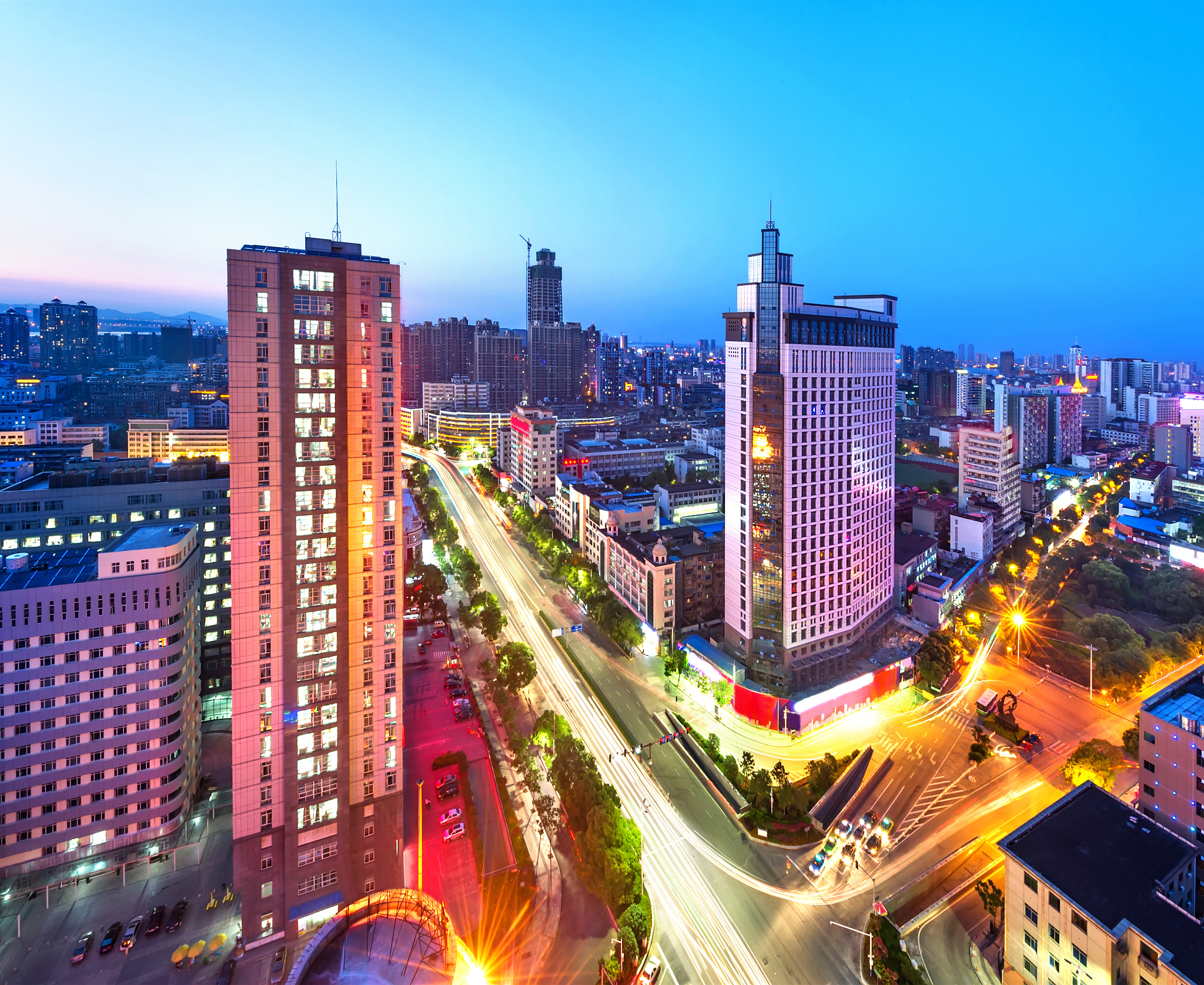 light trails on the modern building background in shanghai china