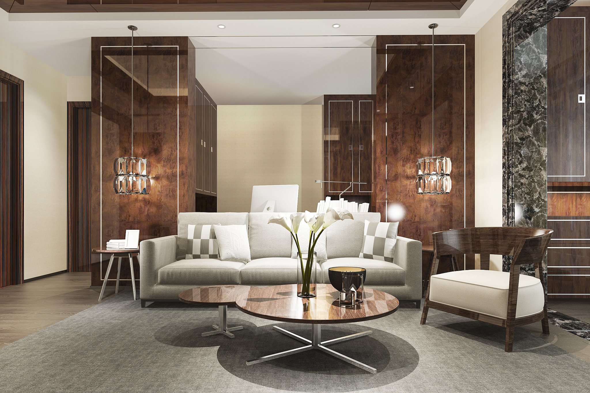 3d rendering wood classic living room with marble tile and books