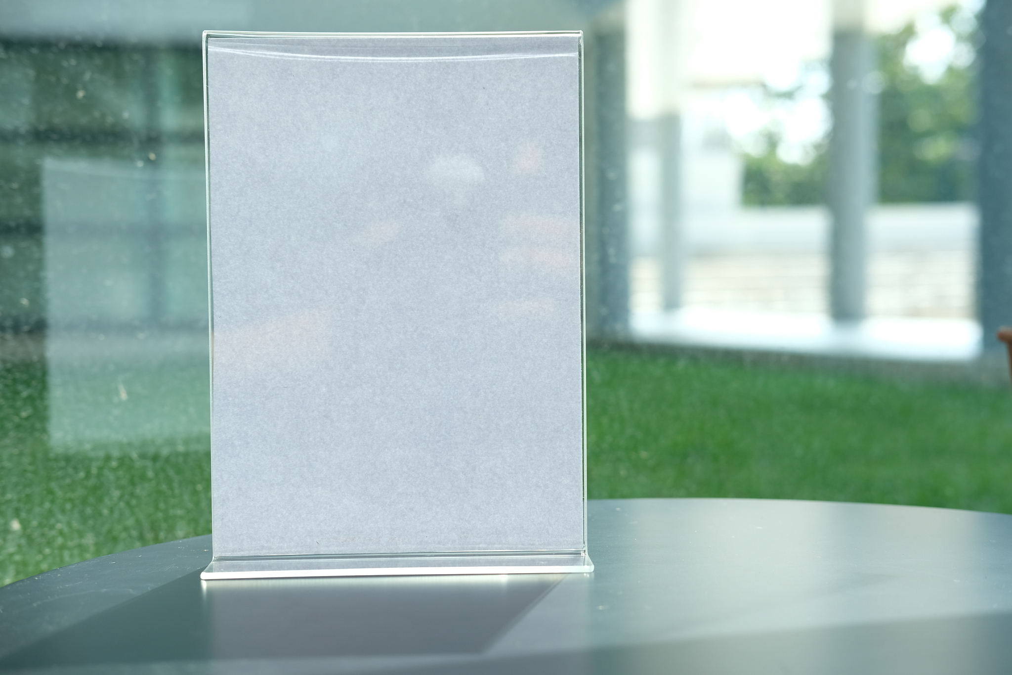 white label in cafe. display stand for acrylic tent card in coff
