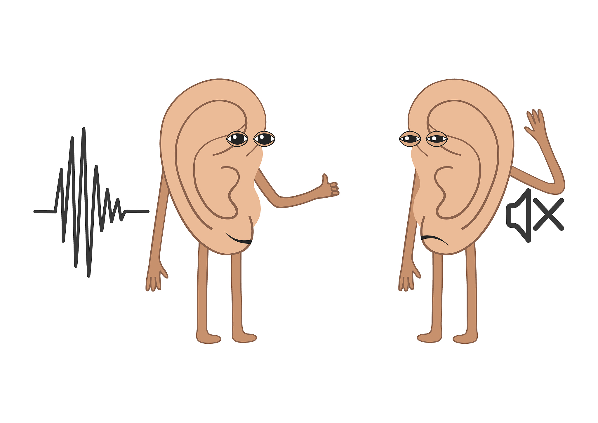 human ears, one of which has lost hearing. cartoon