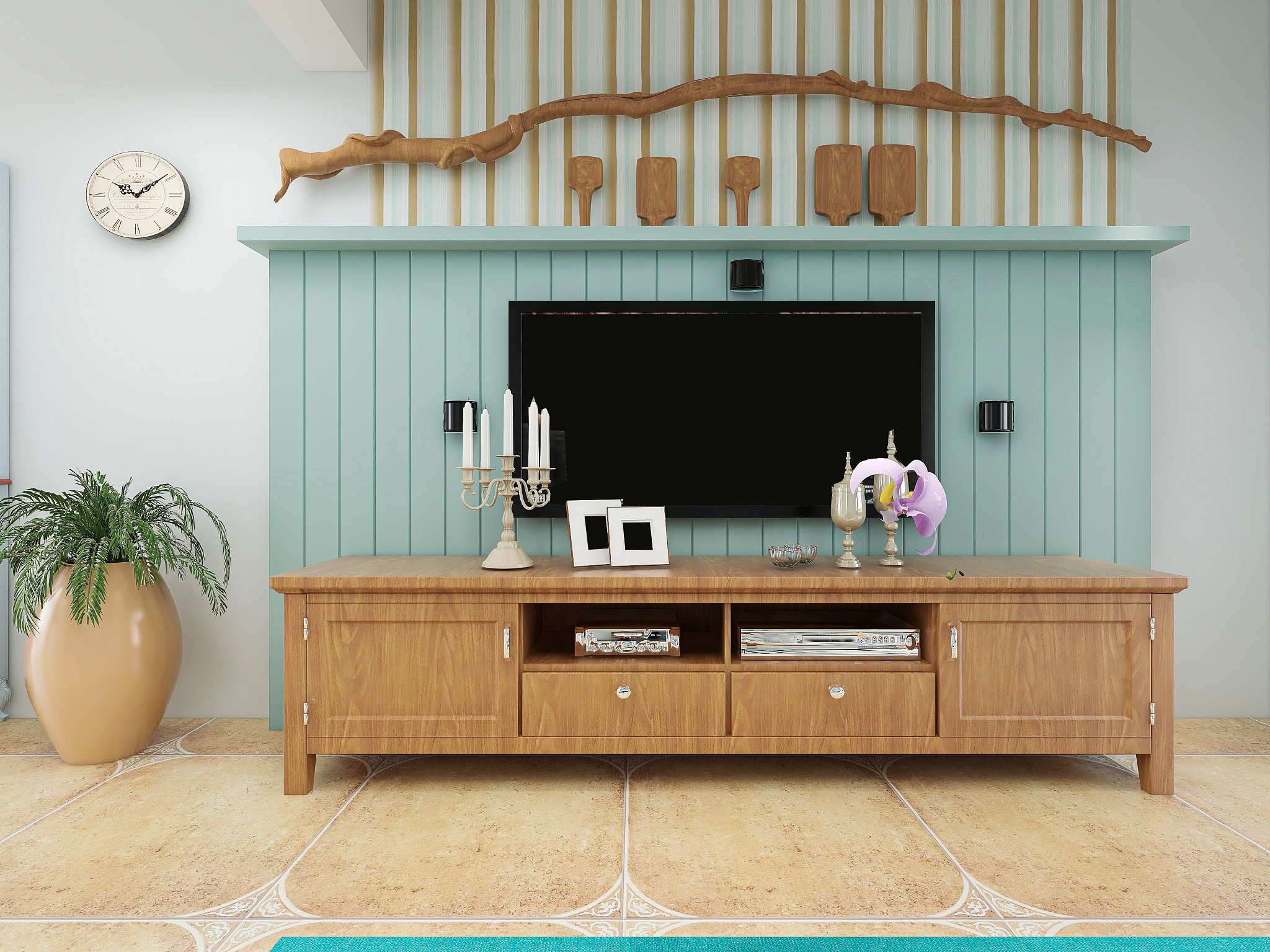 3d rendering, living room design in mediterranean blue style