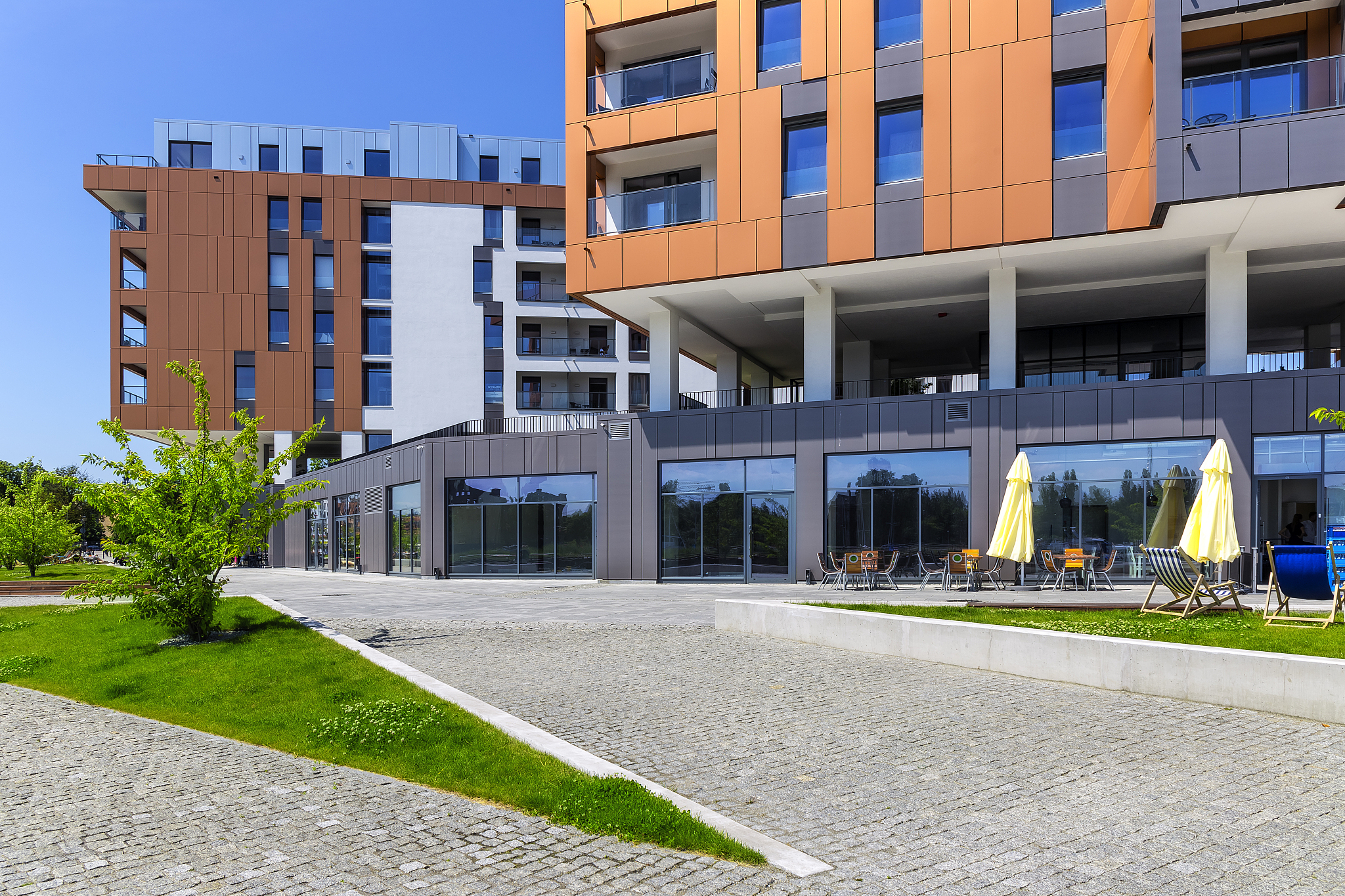 new modern orange housing estate with leisure area  with place t