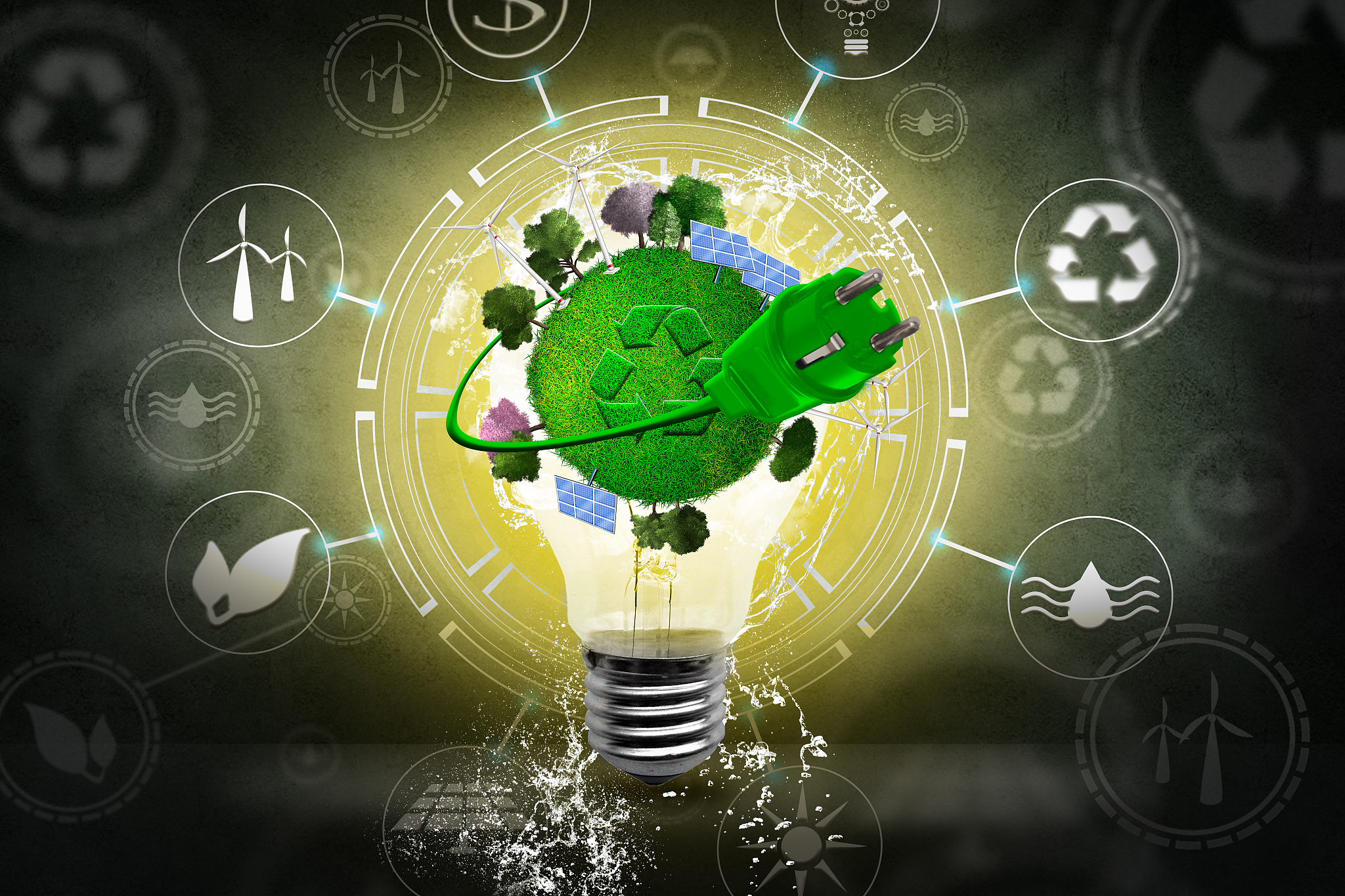 bulb with solar panels, wind fans and hydraulic power in energy 
