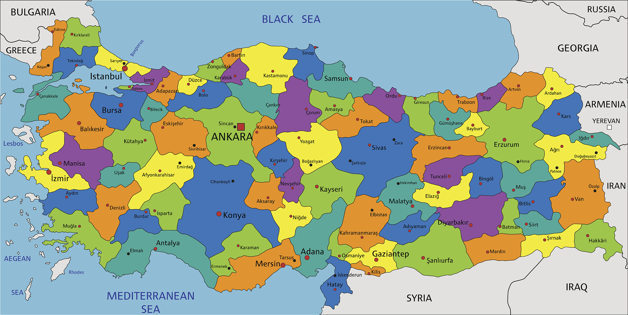 colorful turkey political map with clearly labeled, separated la