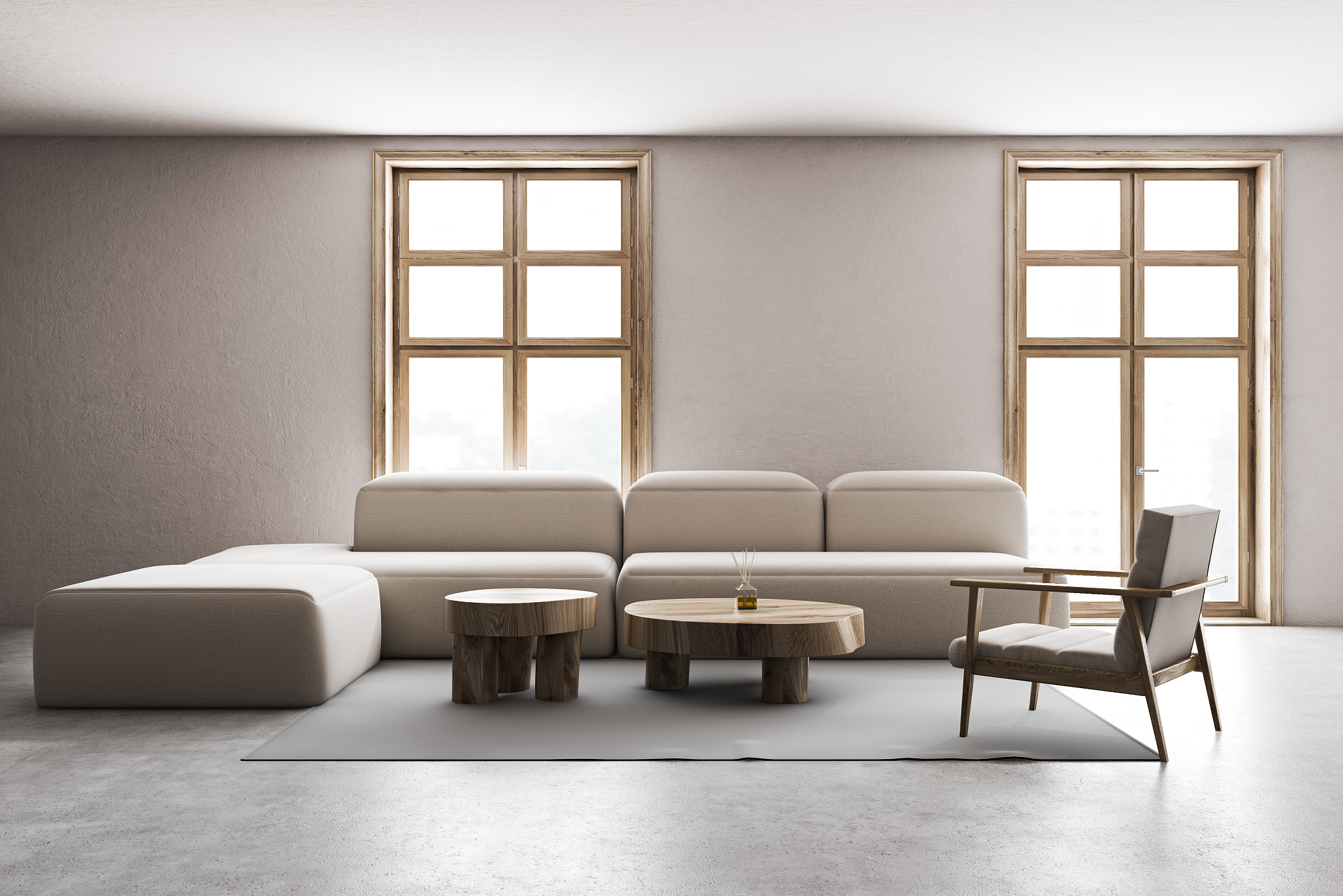 living room with sofa, round table and armchair