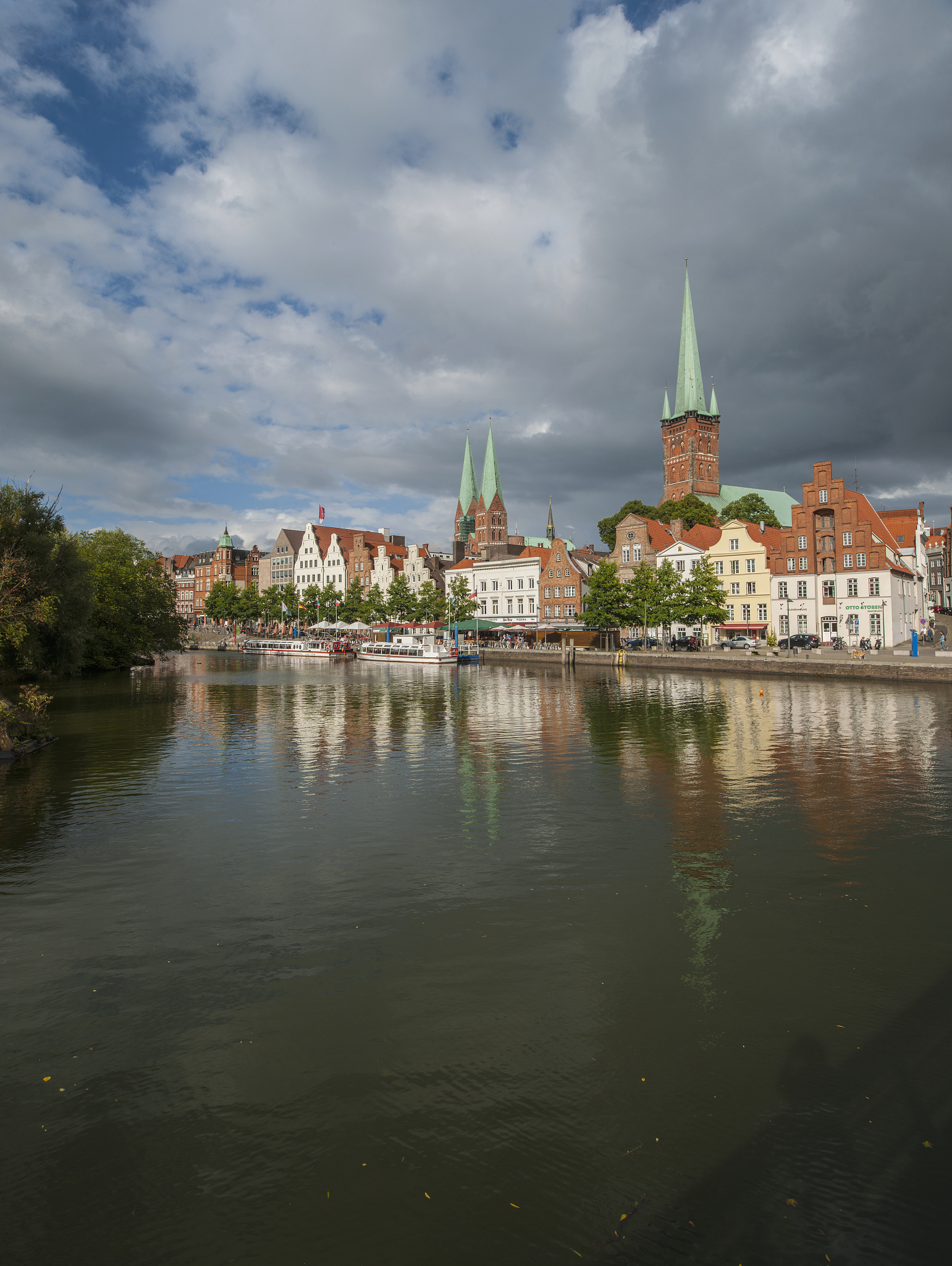 view of petrikirche from fussgangerbrucke on trave canal