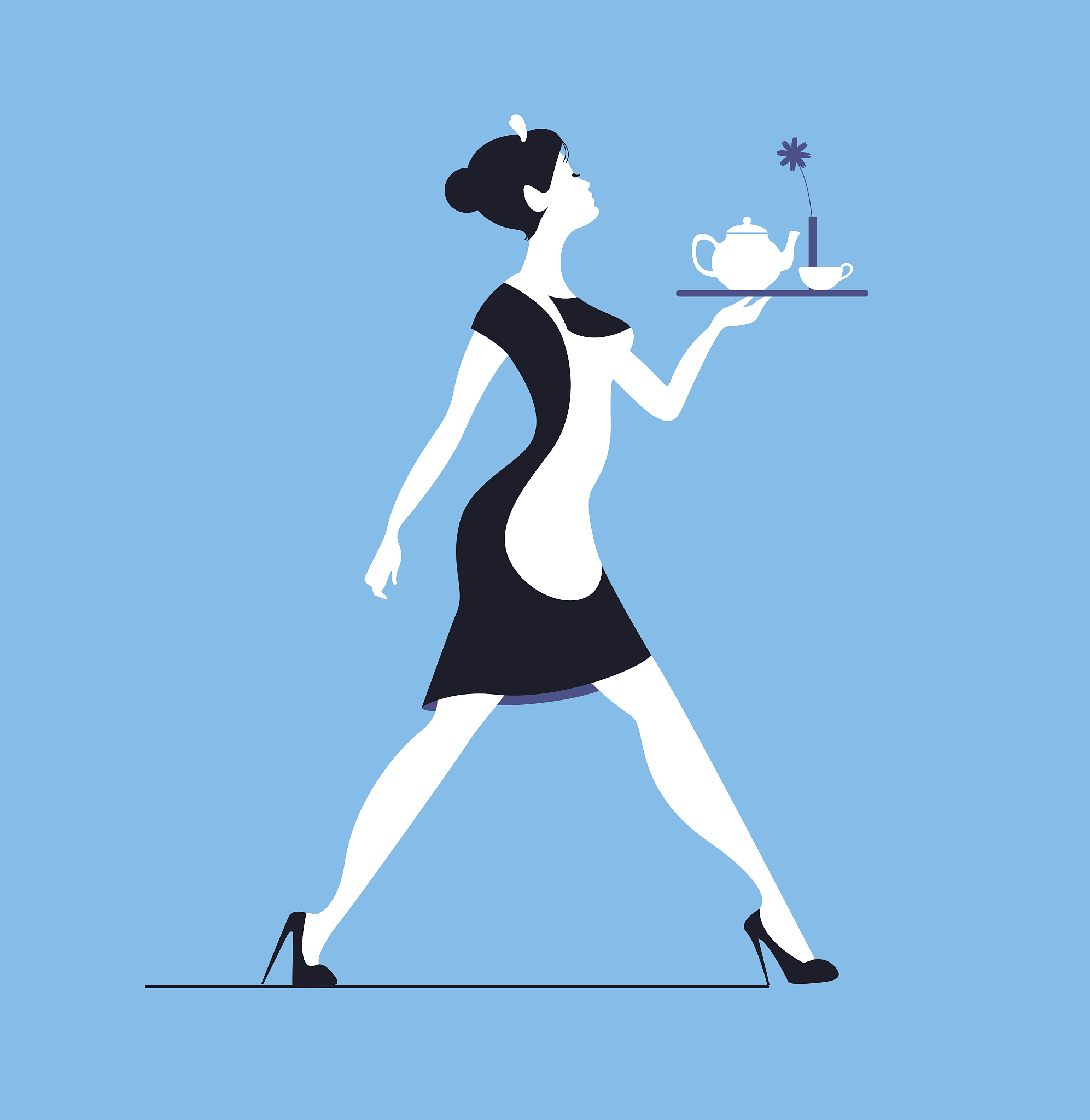waitress on blue background. slender woman carrying tray with te