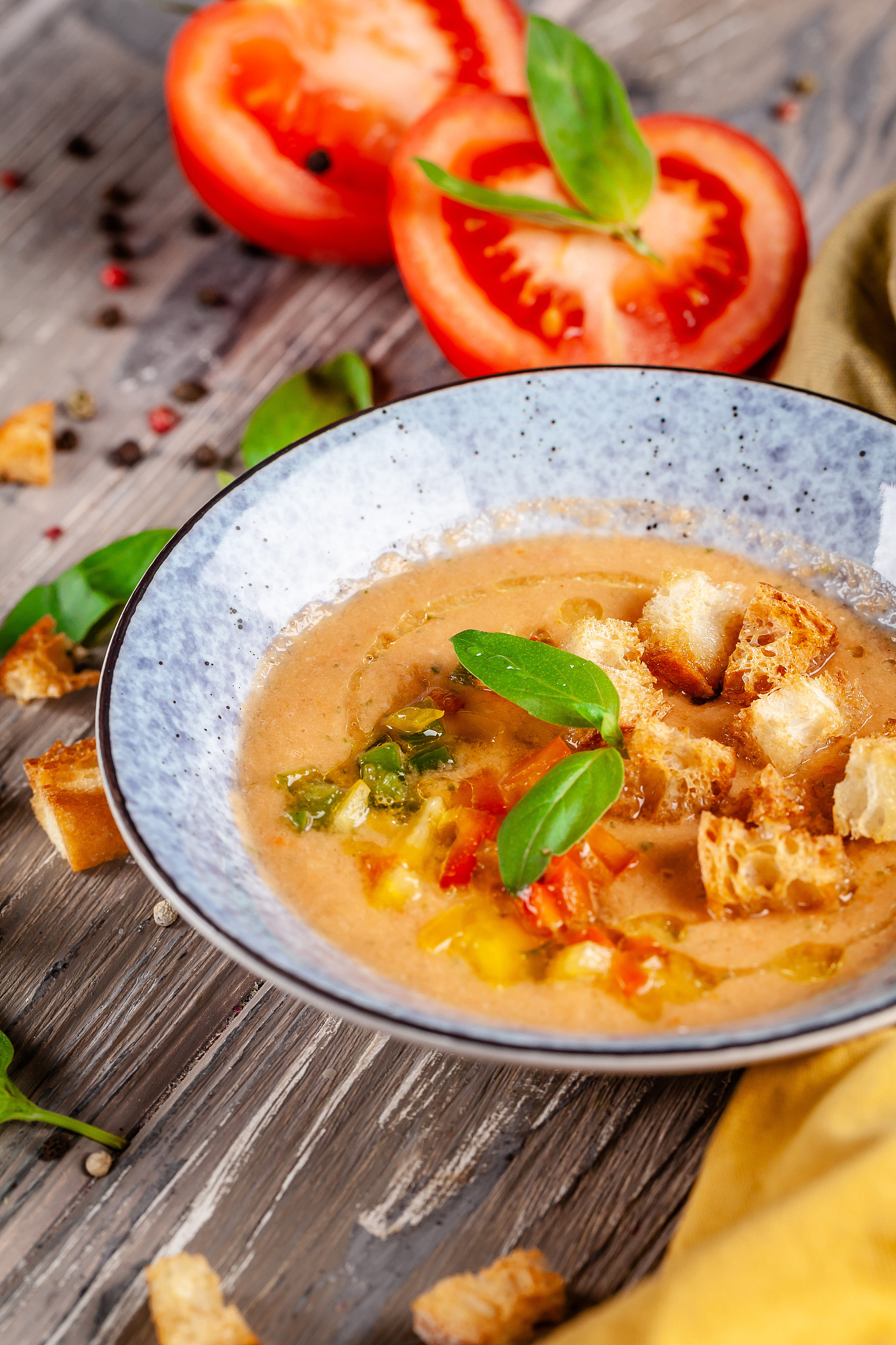 concept of spanish cuisine. tomato soup gazpacho from fresh toma
