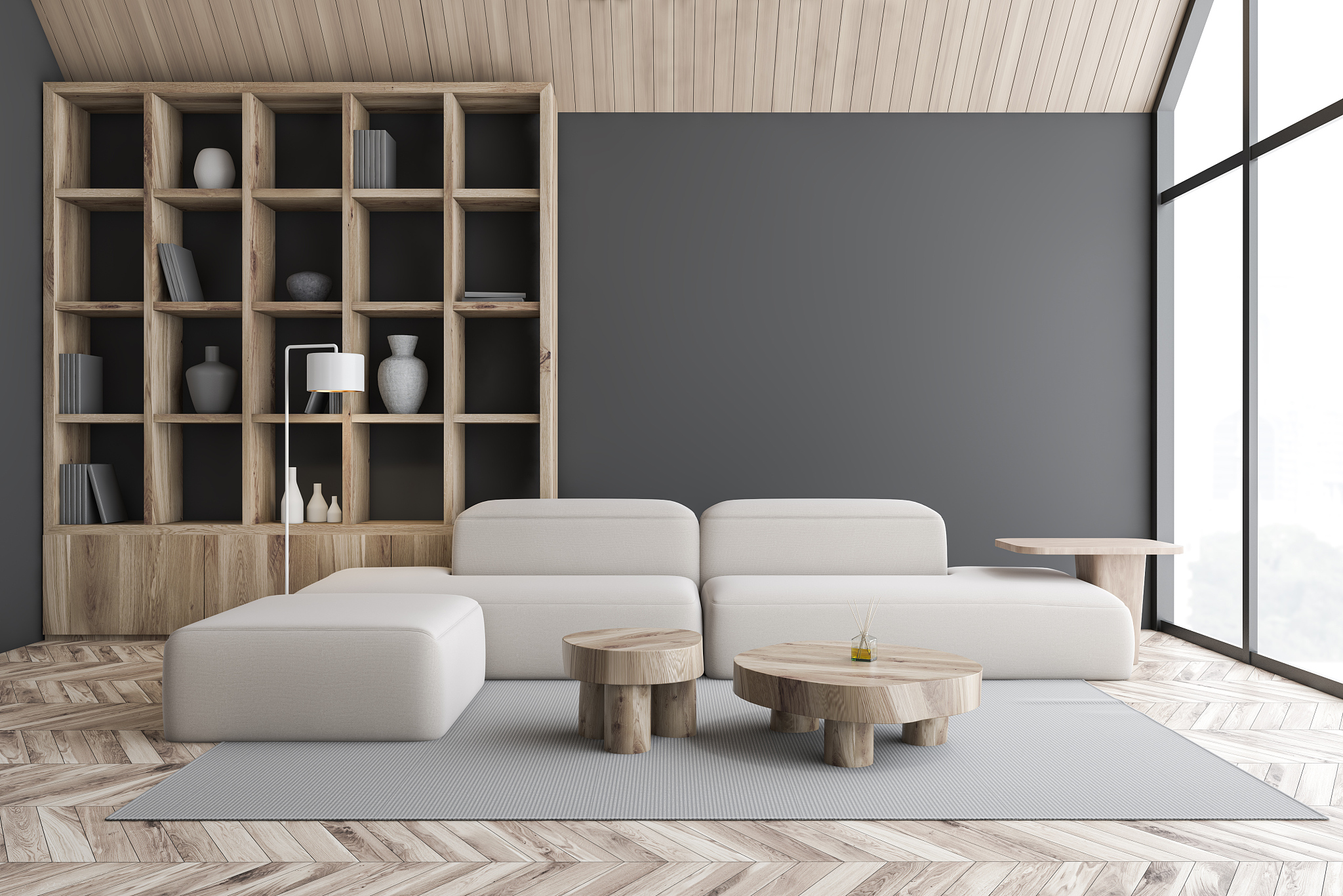 gray attic living room and library
