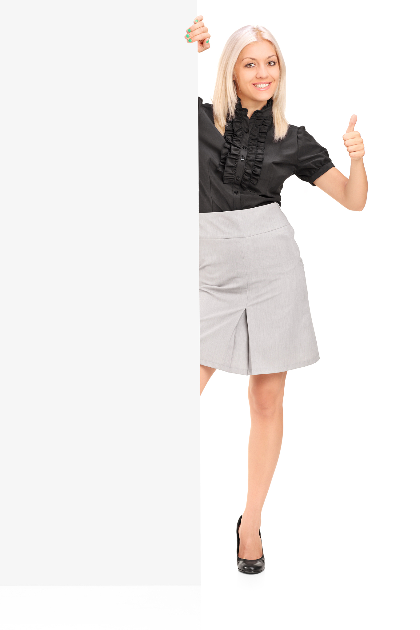 stylish woman giving thumb up behind a blank panel
