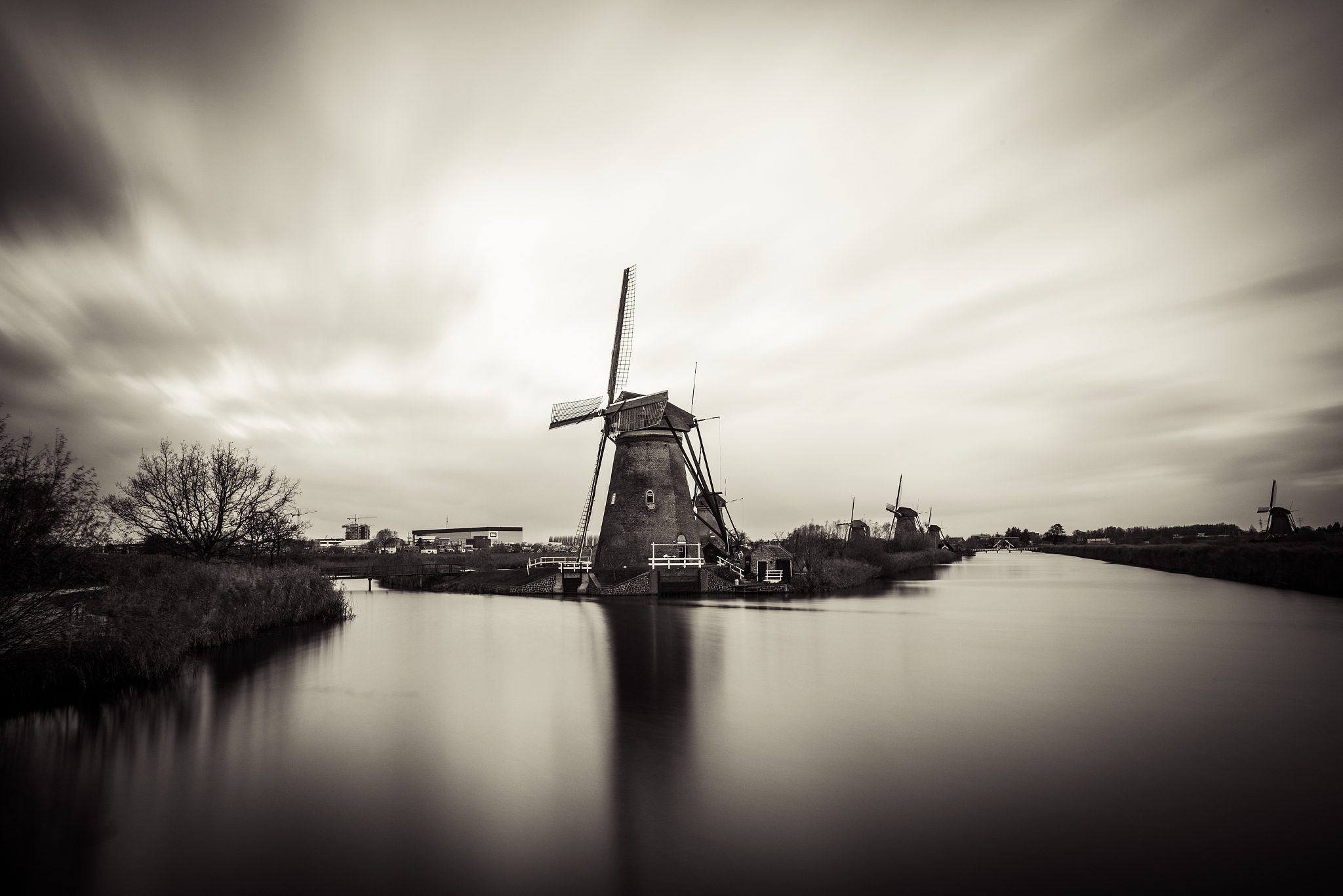 old windmills in kinderdijk at sunrise, holland, netherlands, eu