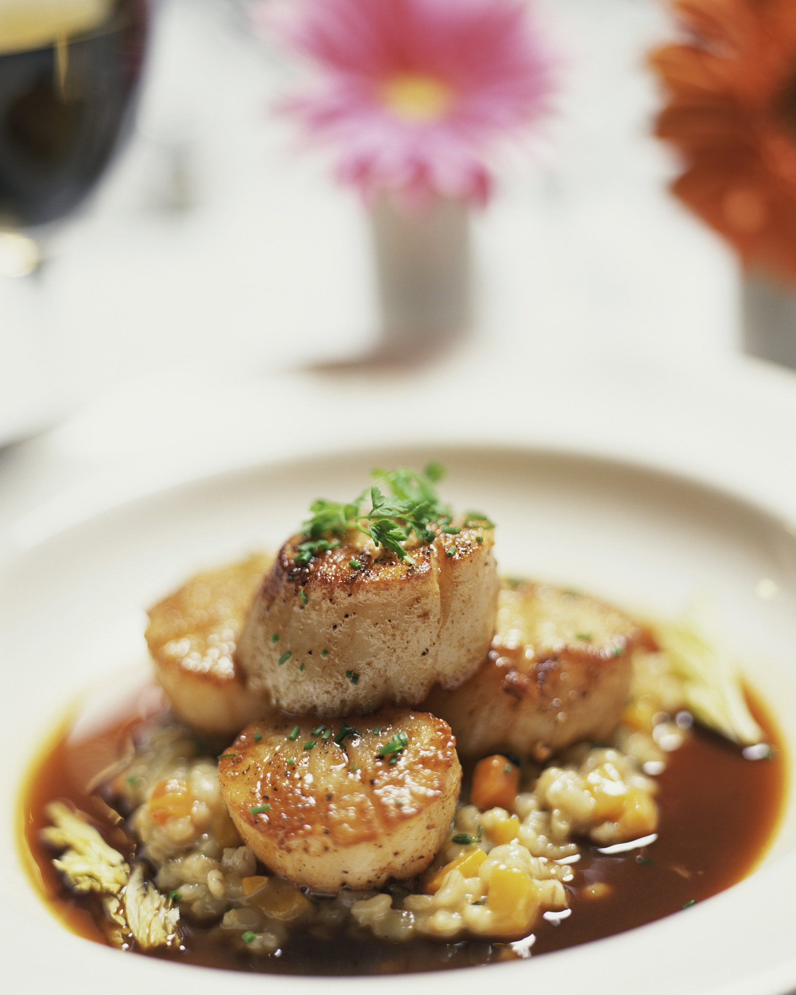 seared scallops and barley entree