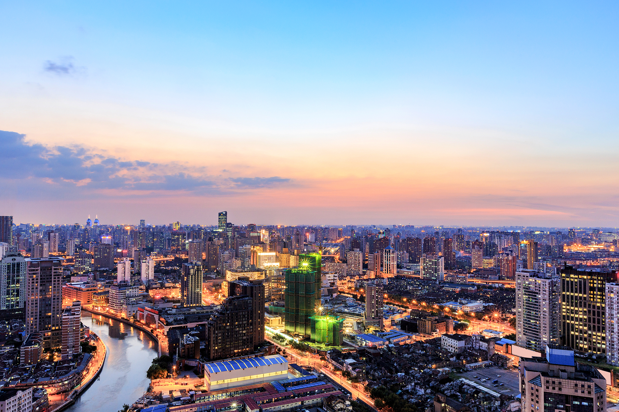 shanghai skyline at sunset
