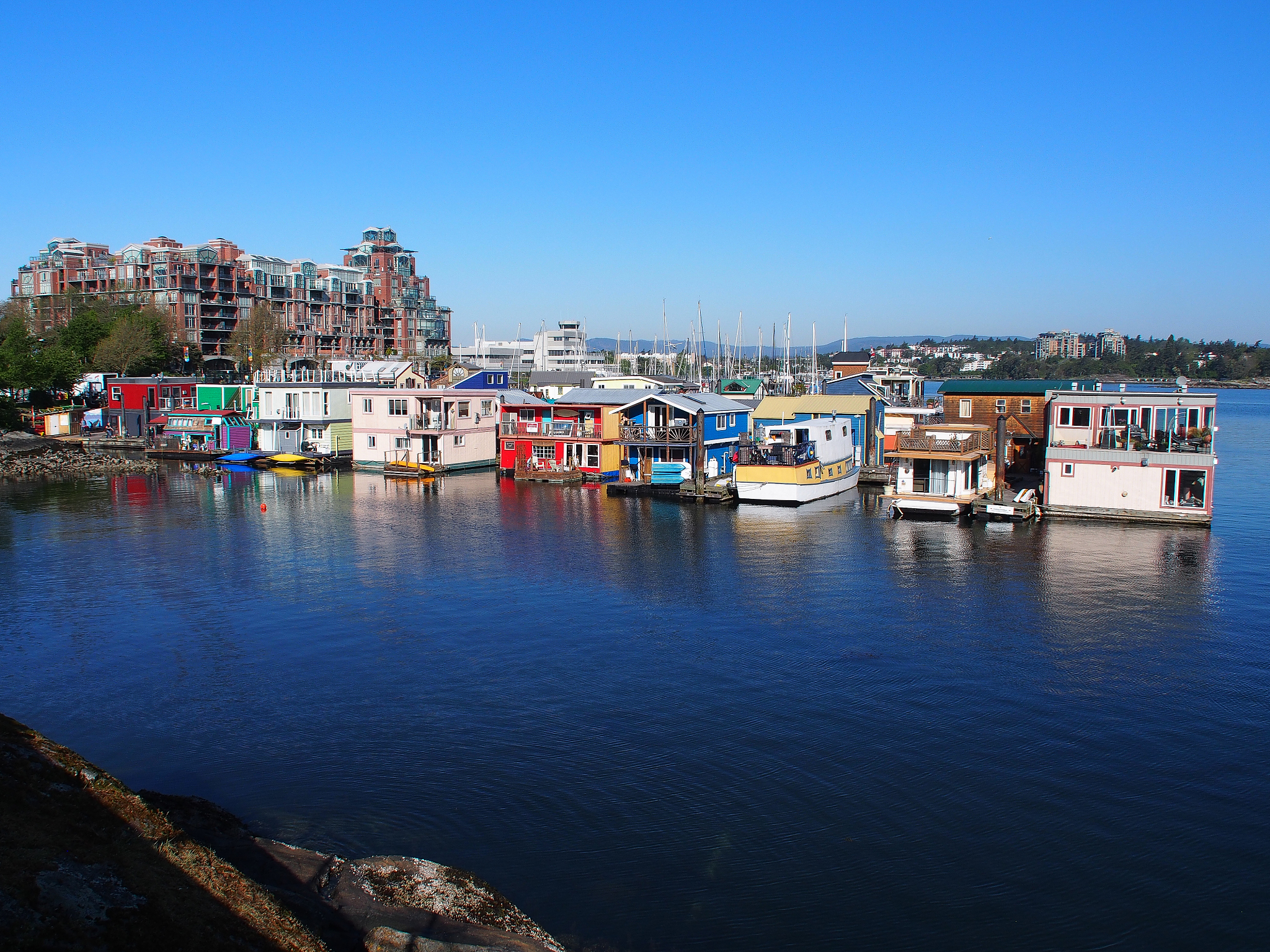 houses in river against clear blue sky