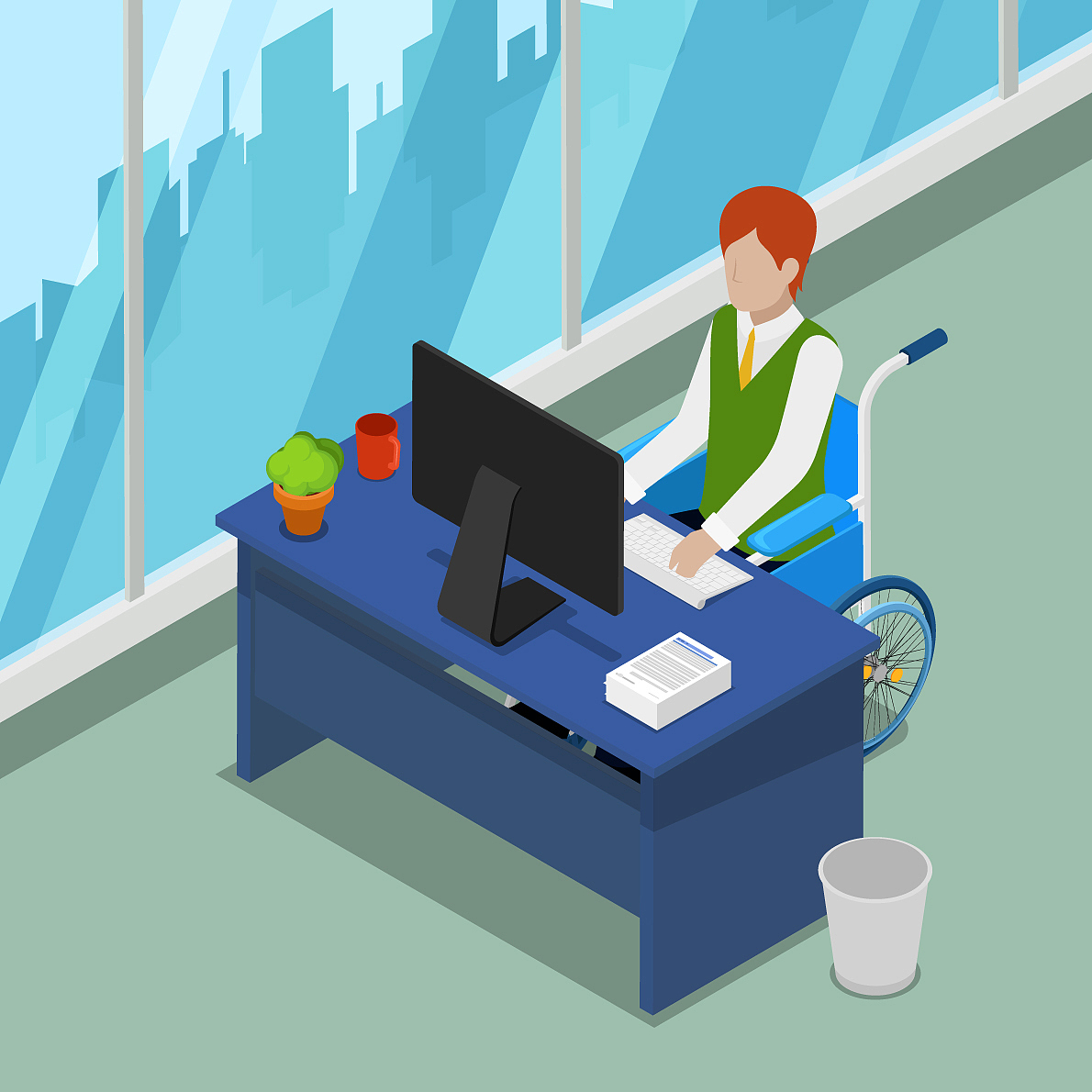 disable person in wheelchair working at office