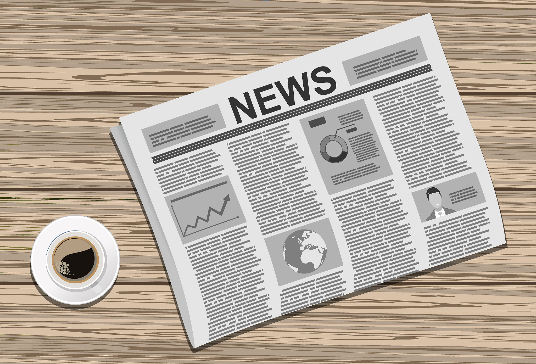 newspapers with a cup of coffee on wood background. flat design 