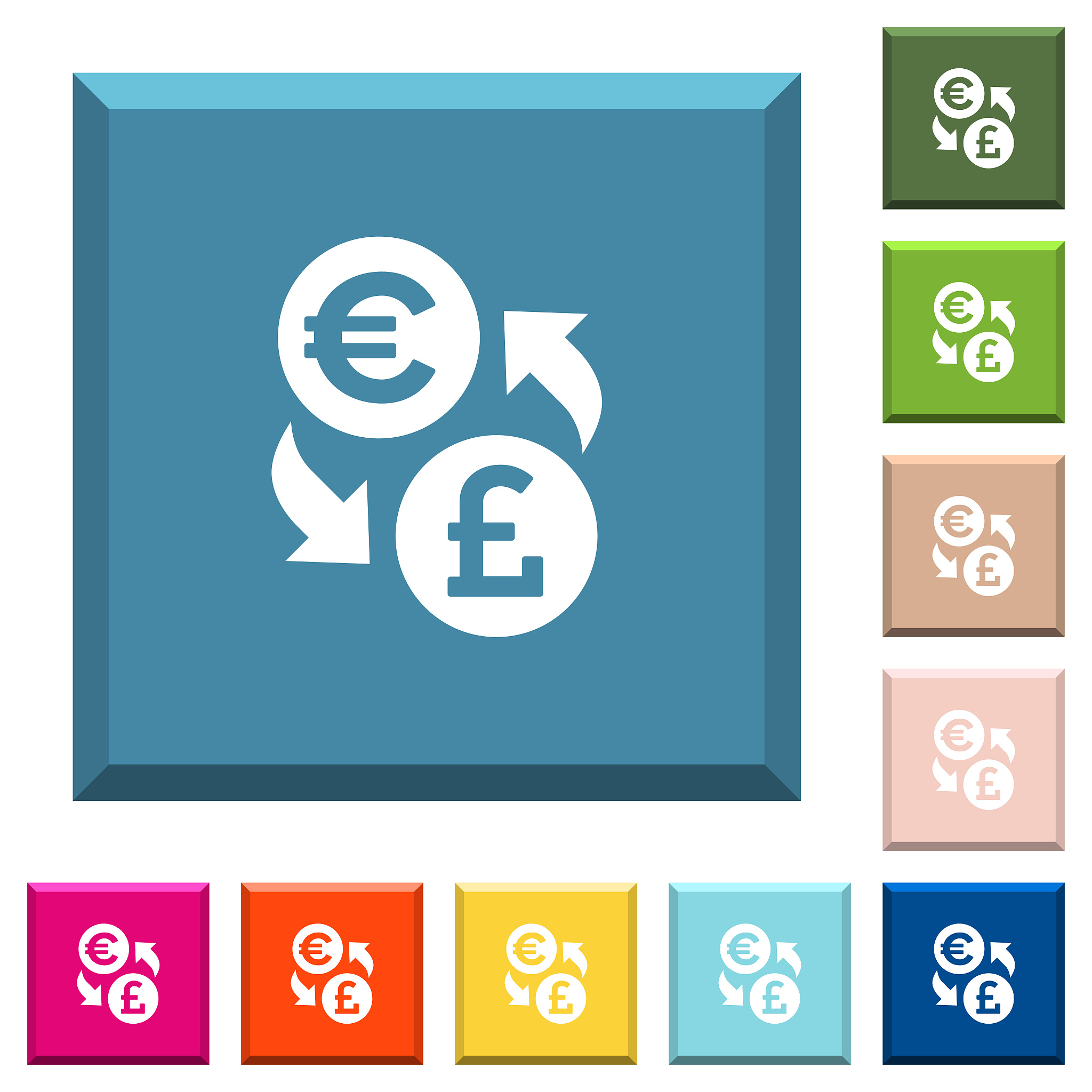 euro pound money exchange white icons on edged square buttons