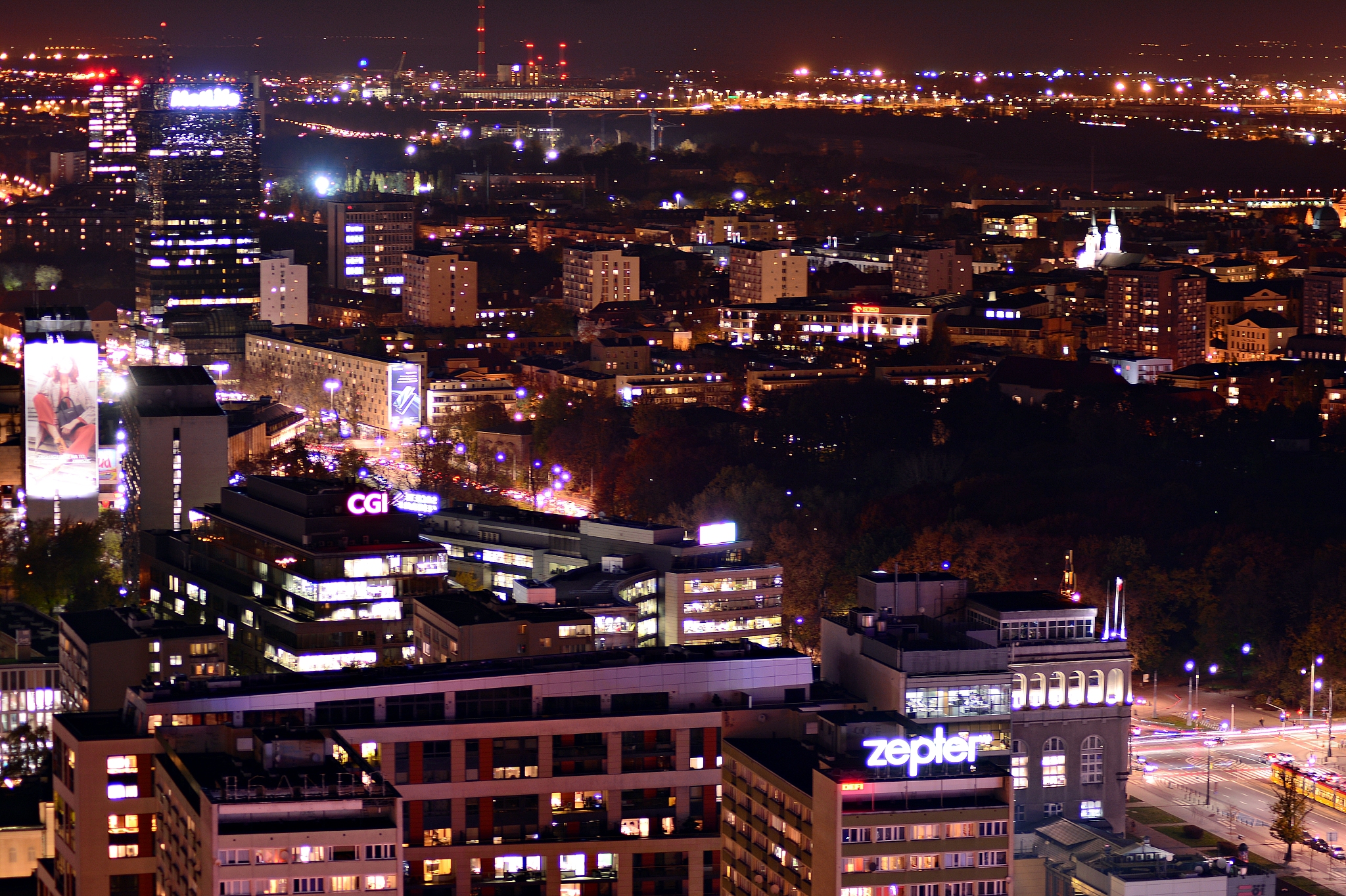 aerial view of city. downtown at night.